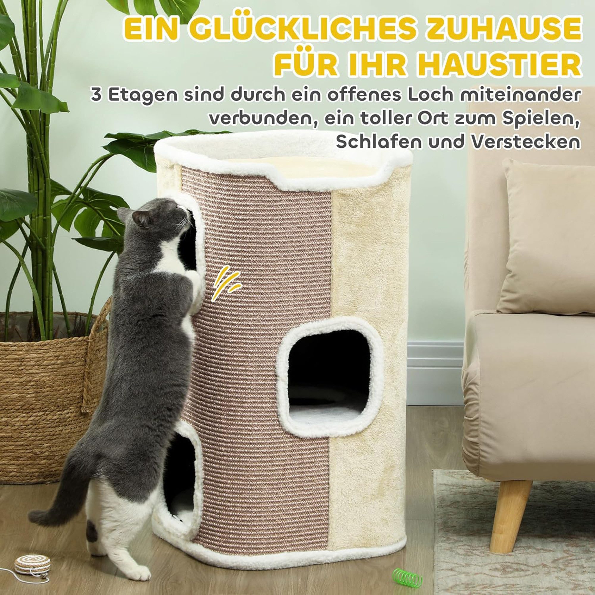 ibettertec Kratzpappe Kratztonne, Katzentonne, Kratzbaum, Katzenhöhle, (Einzelprodukt, 1-tlg., 1 x Katzenkratztonne1 x Aufbauanleitung), Dreistöckige Struktur, zweifarbiges Doppelmaterial