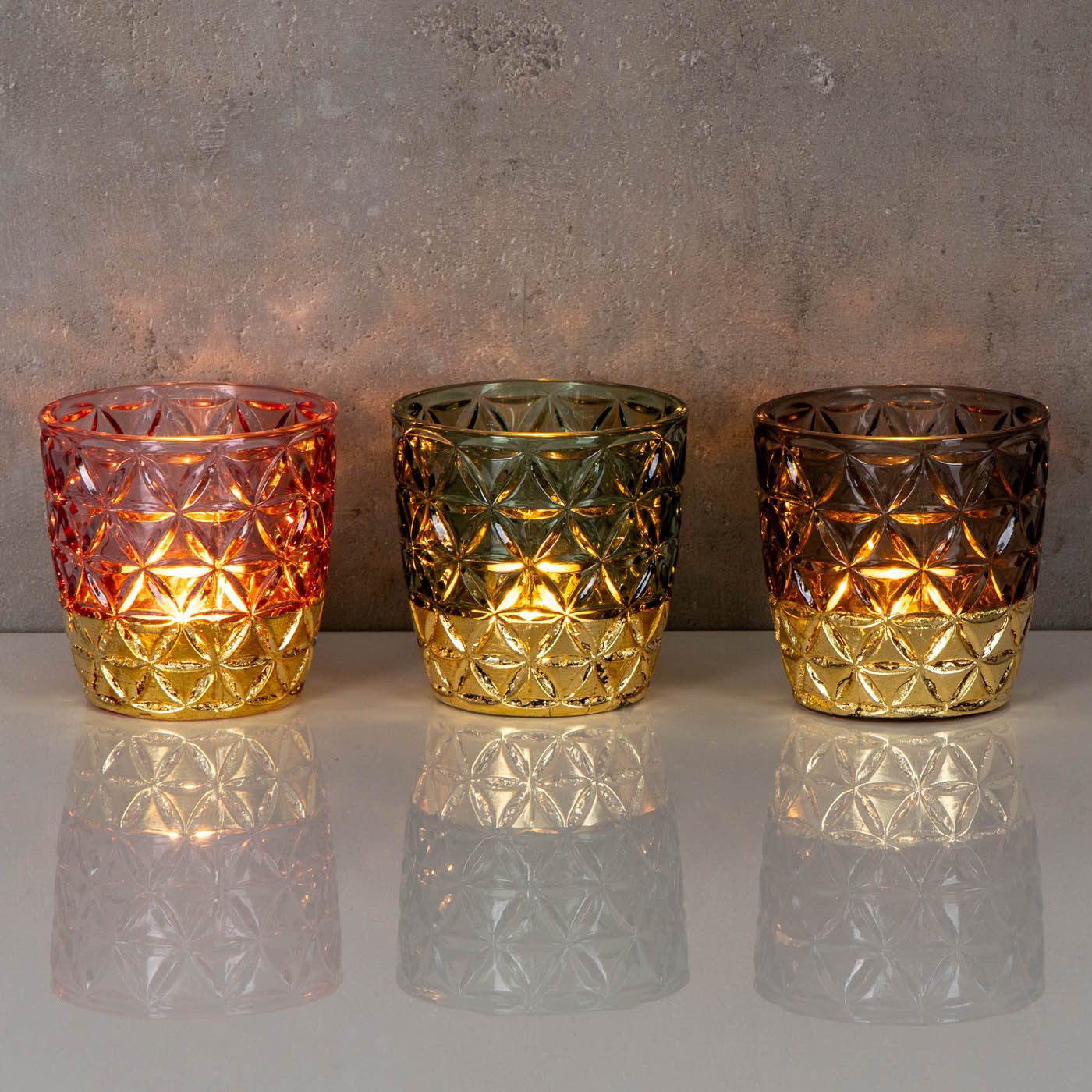 Levandeo® Teelichthalter, 3er Set Teelichthalter Glas Rosa Grün Grau H9cm Kerzenglas Retro