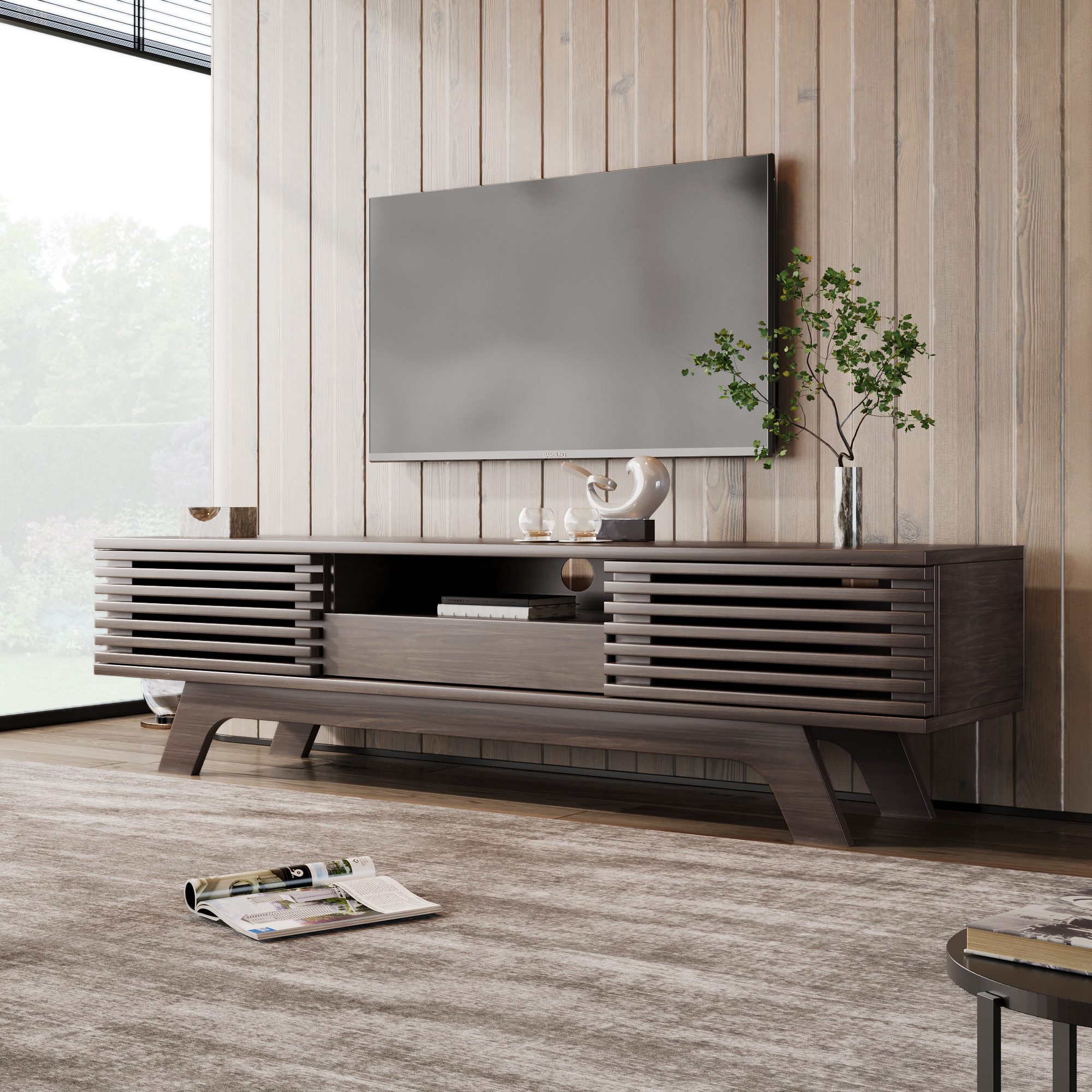 BlingBin TV-Schrank Lowboard mit Schubladen und Türen, Fernsehschrank für Wohnzimmer (TV-Schrank mit 1 Schublade und 2 Türen, 1-St., Gesamtabmessungen: 150*35*44cm, Produktladung: 50KG) Einzigartiges Design, Kabelmanagement, Spanplatte, Vintage-Holzfarbe