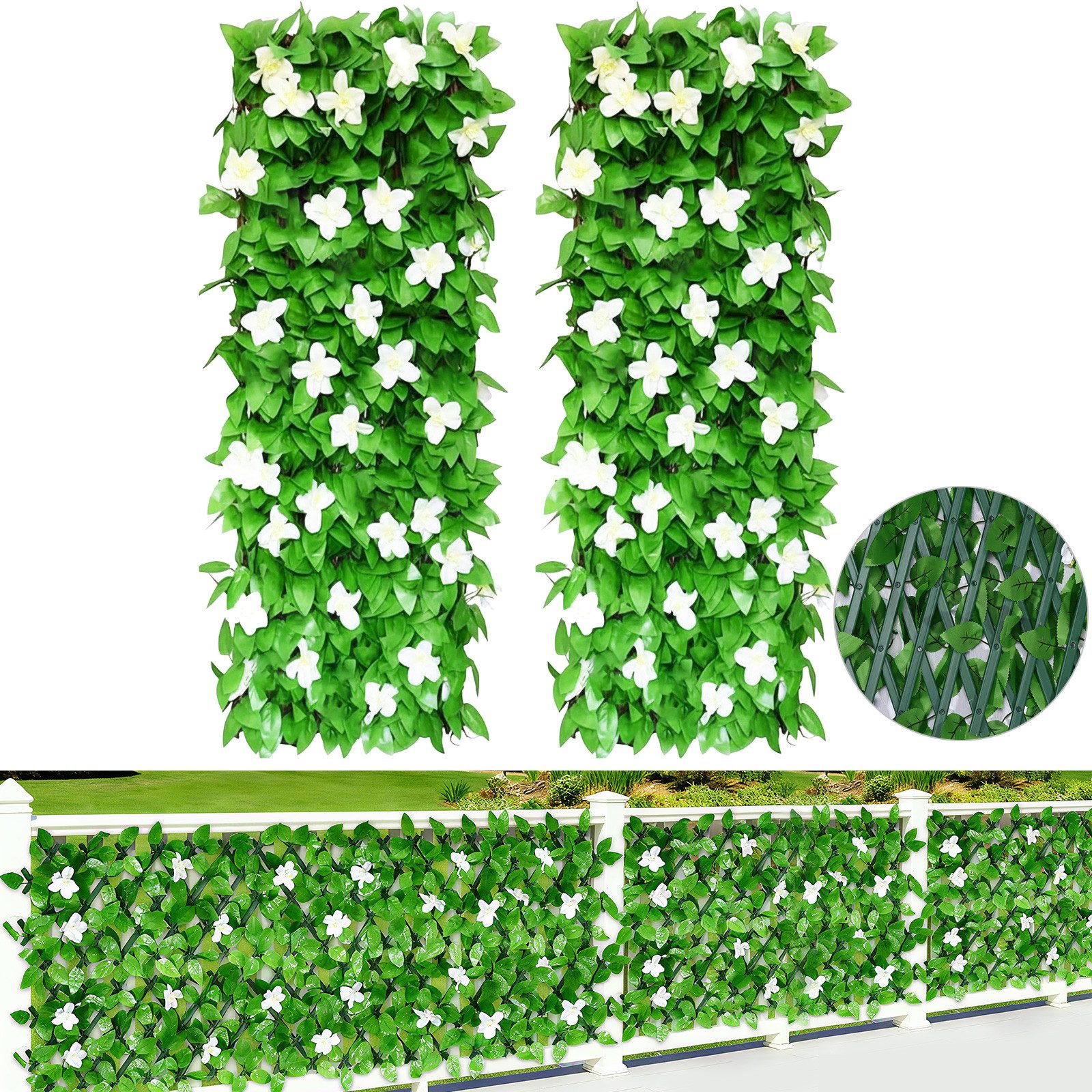 BlingBin Gartenzaun Ausziehbare Künstliche Blumenzaun, Max. 200 cm Efeu-Zaun-Sichtschutz, (2er Set, 2-St., Maße im ungestreckten Zustand: 20 x 40 cm), Erweiterbares Garten-Sichtschutz-Hecke mit Blume für Balkon, Terrasse