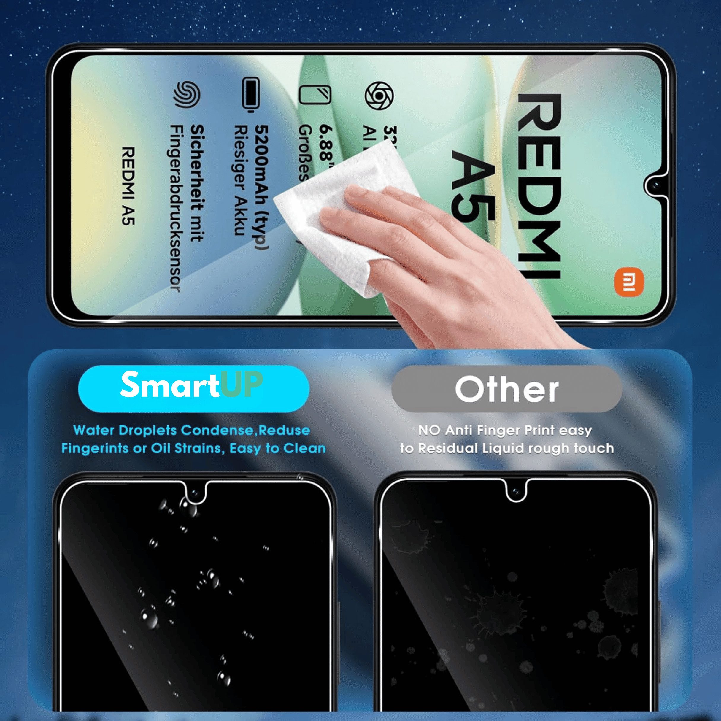SmartUP Displayschutzglas für Xiaomi Redmi A5 Panzerfolie Schutzglas Display Kamera Screen 9H für Xiaomi Redmi A5, kompletter Rundumschutz – Bild 4 von 5