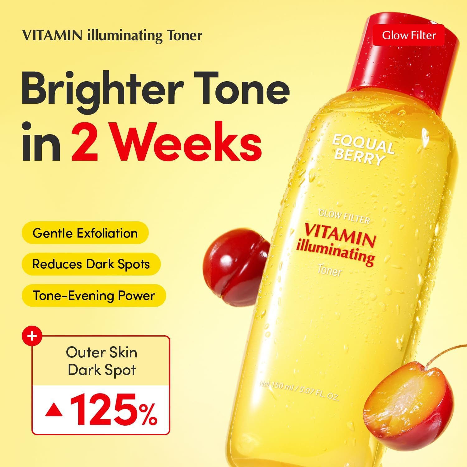 Eqqualberry Toner Vitamin Illuminating Toner 150 ml – Aufhellender Gesichtstoner mit Niacinamid 3%, Tranexamsäure, Bromelain-Enzym & Vitamin C –, K-Beauty Toner für ebenmäßigen Teint