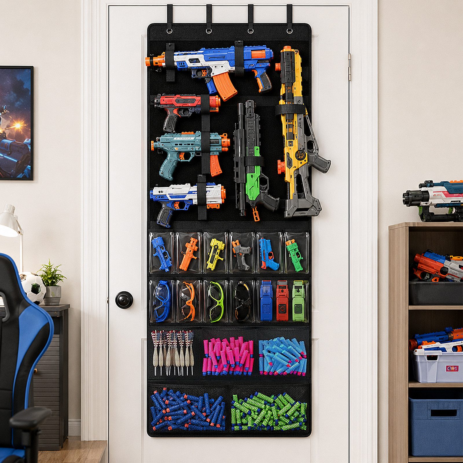 BlingBin Hängeaufbewahrung Über der Tür Organizer für Spielzeugpistolen mit Fächern&Klettbändern (1 Stück, 1 St., 170 x 60cm), Platzsparender Türorganizer für Kinder, Spielzimmer & Schlafzimmer