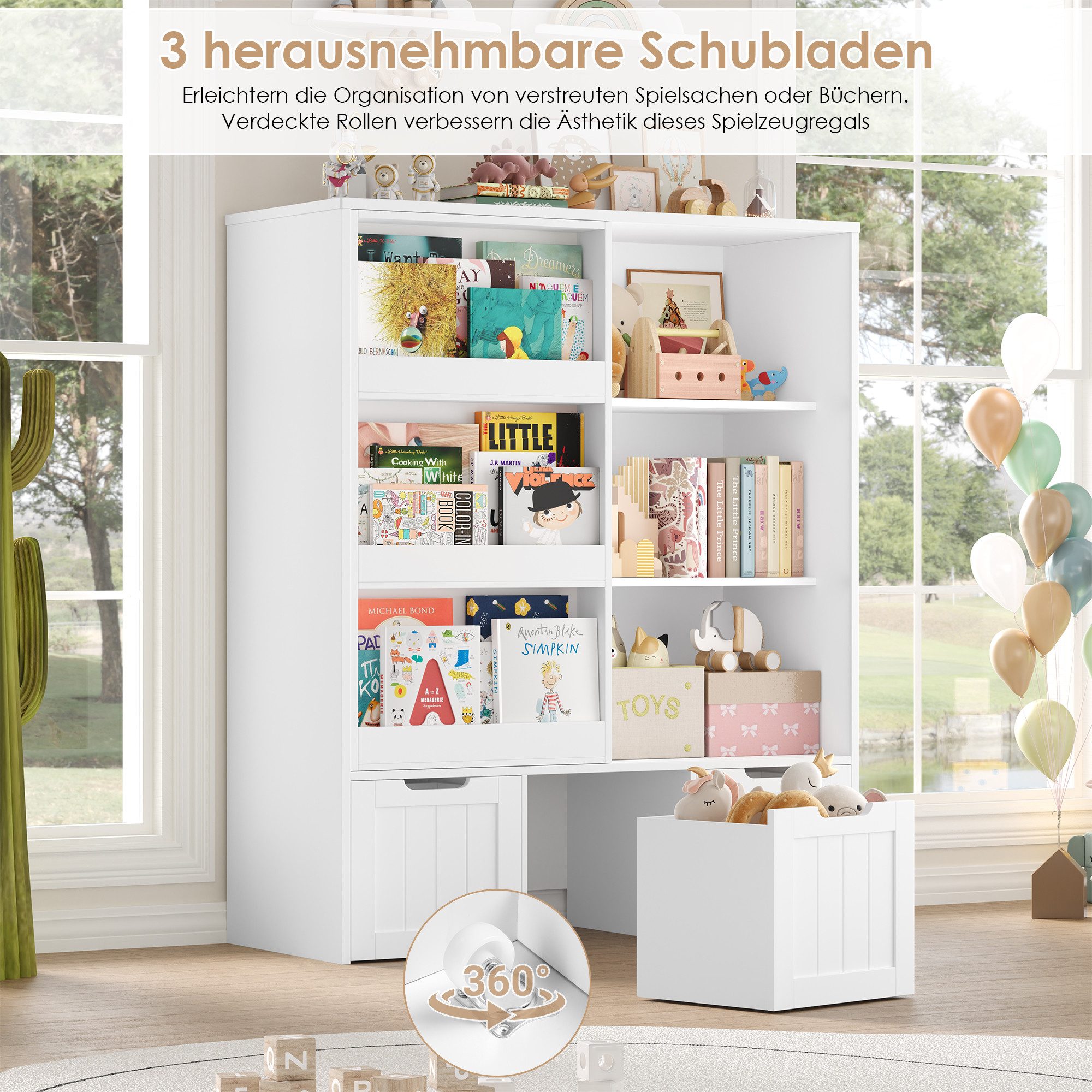 Homfa Kinderregal mit Bücherregal Kinderschrank mit 3 Spielzeugkisten auf Rollen, Spielzeugregal mit 6 offenen Fächern Spielzeugtruhe 120x100x37cm – Bild 4 von 5