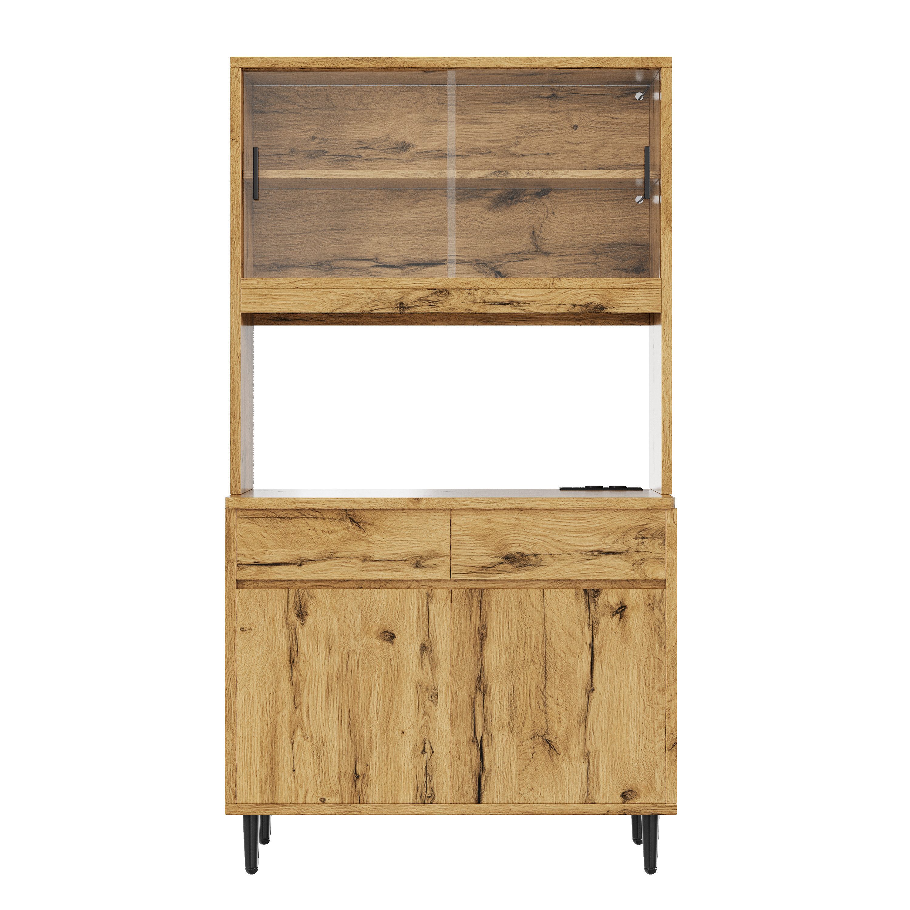 Flieks Küchenbuffet Hochschrank mit Arbeitsplatte, Steckdosen, LED-Beleuchtung (B100/T40/H185 cm, 1-St., Mehrzweckschrank mit USB-C- und USB-A-Anschlüssen) Küchenschrank mit Glas-Schiebetür, verstellbarer Ablagen Eichenfarbe