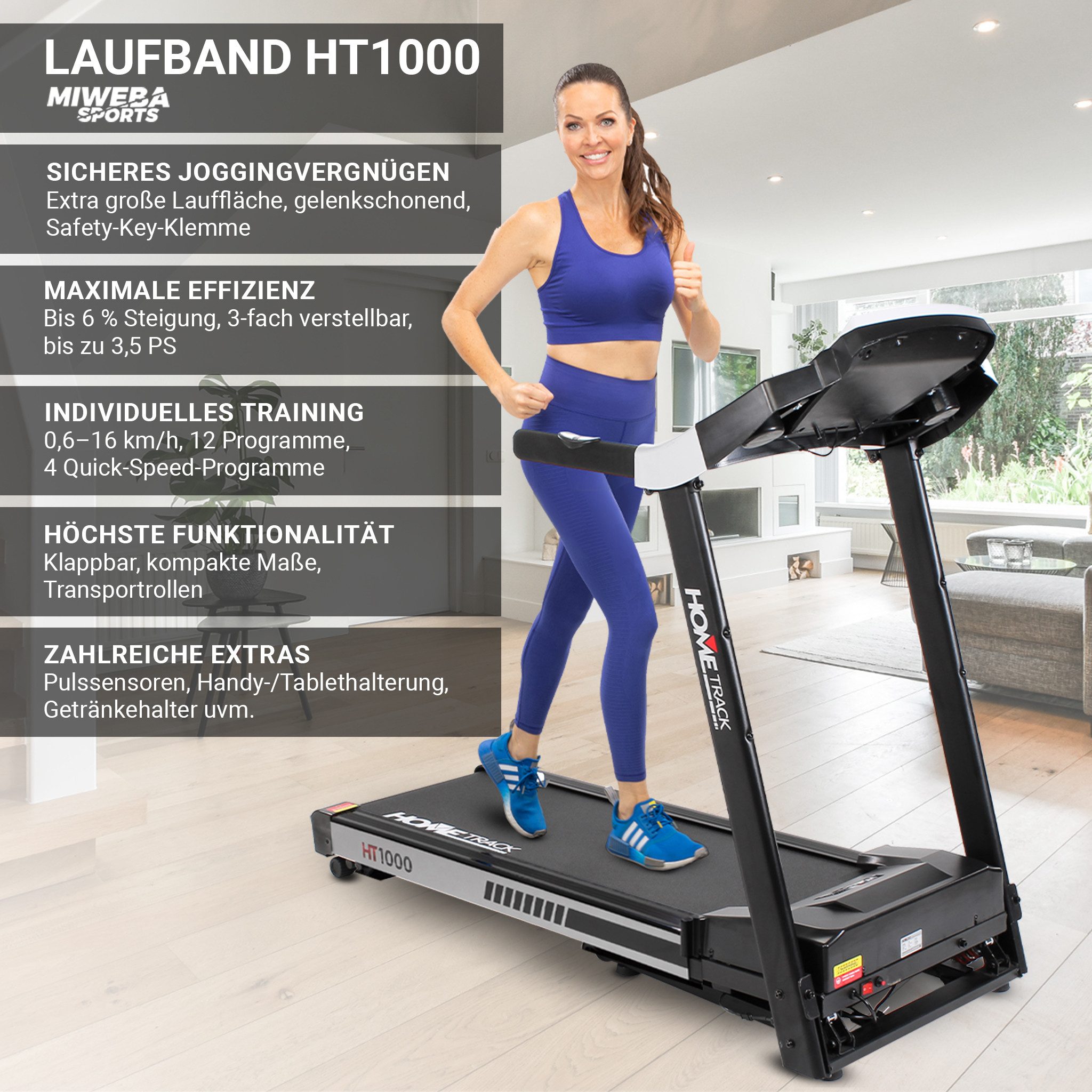 Miweba Sports Laufband klappbar HT1000F - bis 16 km/h - bis 6% Steigung (Laufband für Zuhause, Walking Pad, Treadmill, Heimtrainer, Speedrunner, 16 Laufprogramme, Tablet Halterung, extra große Lauffläche), Laufband klappbar, Laufband klein für zur Hause, Laufband mit Steigung
