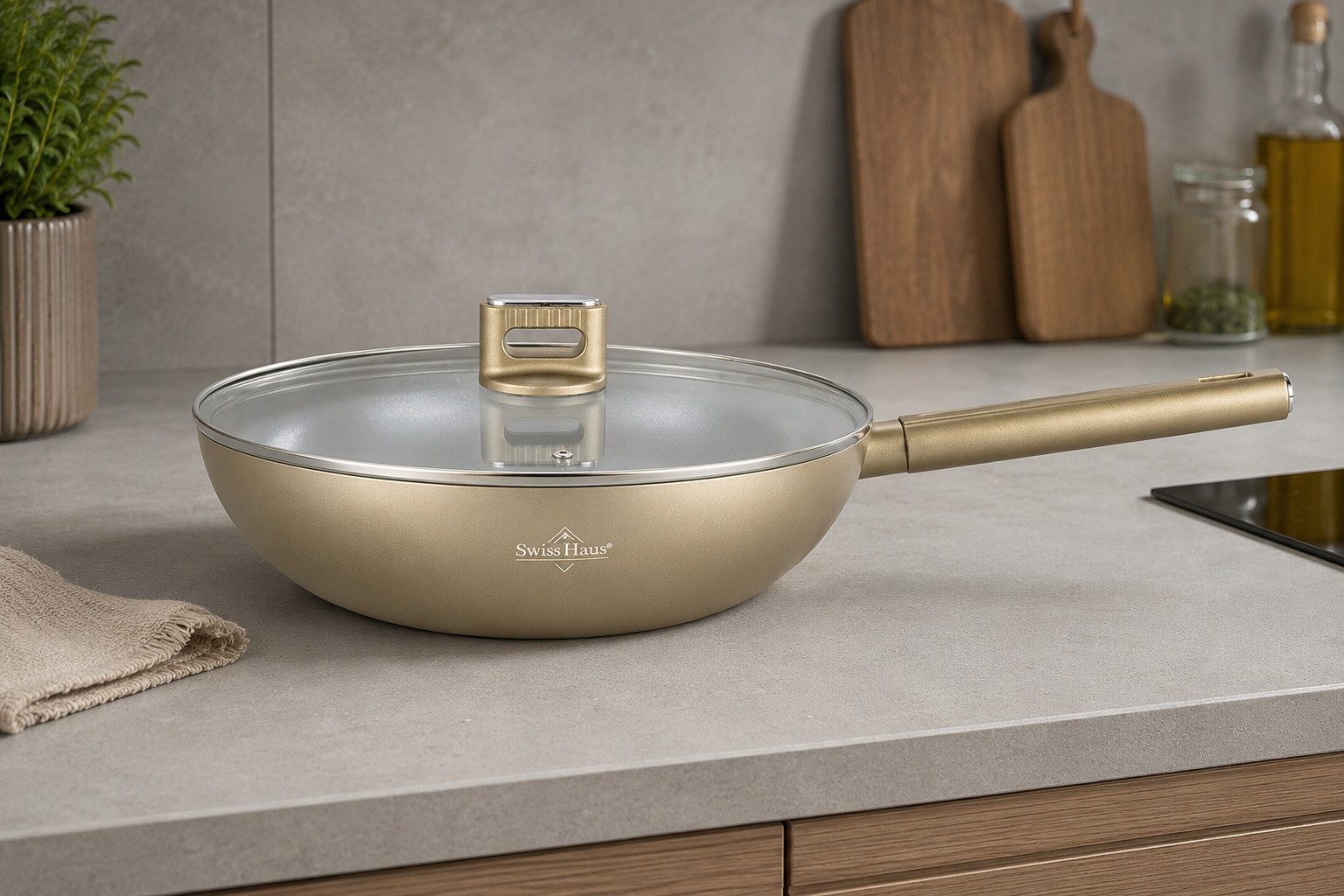 Swiss-Haus Wok Wok-Pfanne mit Glasdeckel Ø30 Antihaft Induktion Swiss Haus SH-SCW30CH, Material: Aluminium, Kunstsoff, Glas (Set bestehend aus Pfanne und Glasdeckel)
