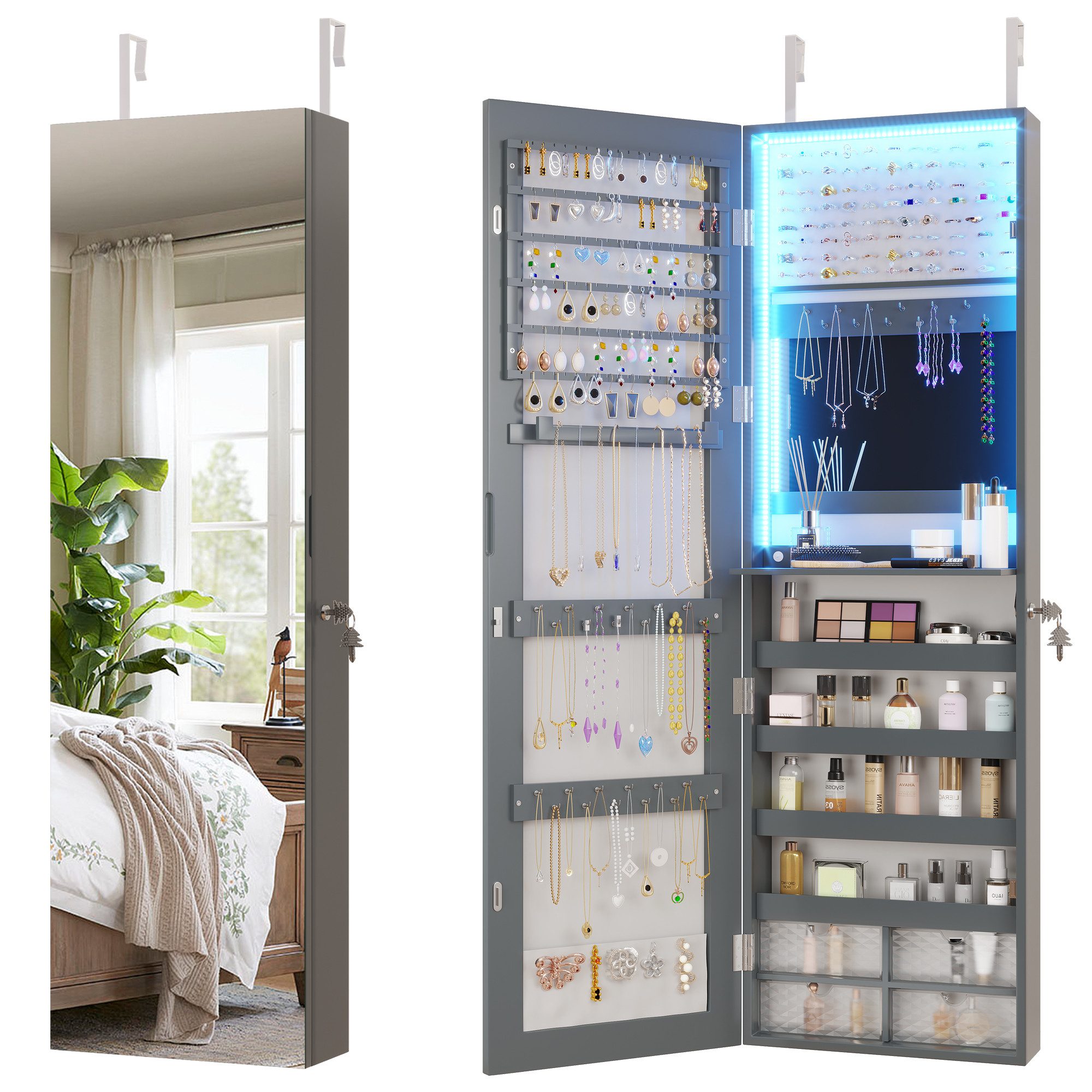 LVSOMT Schmuckschrank mit Spiegel, Hängend und Abschließbar, Tür- und Wands günstig online kaufen