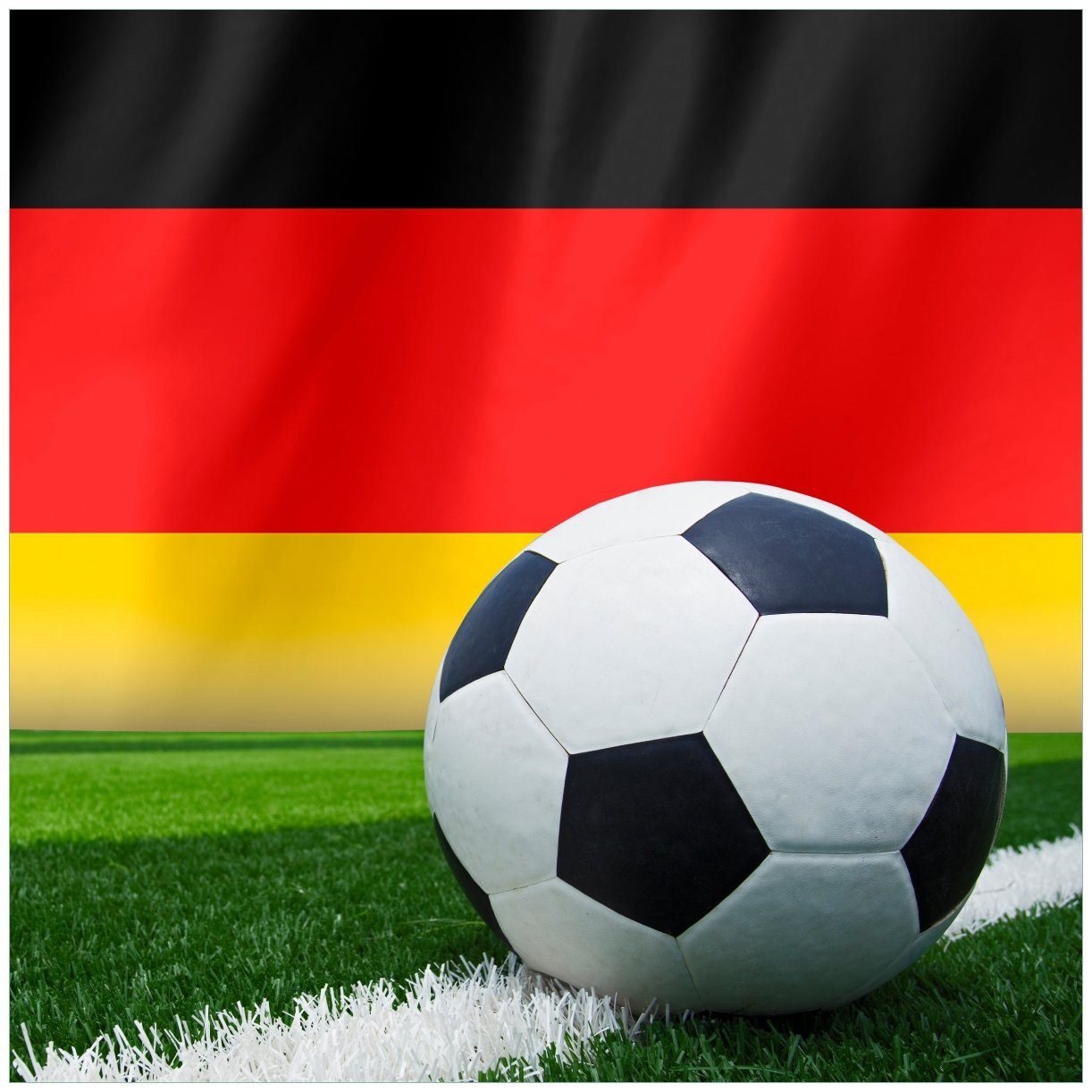 Wallario Tischplatte Fußball vor einer Deutschlandflagge (1 St), für Ikea Lack Tisch geeignet