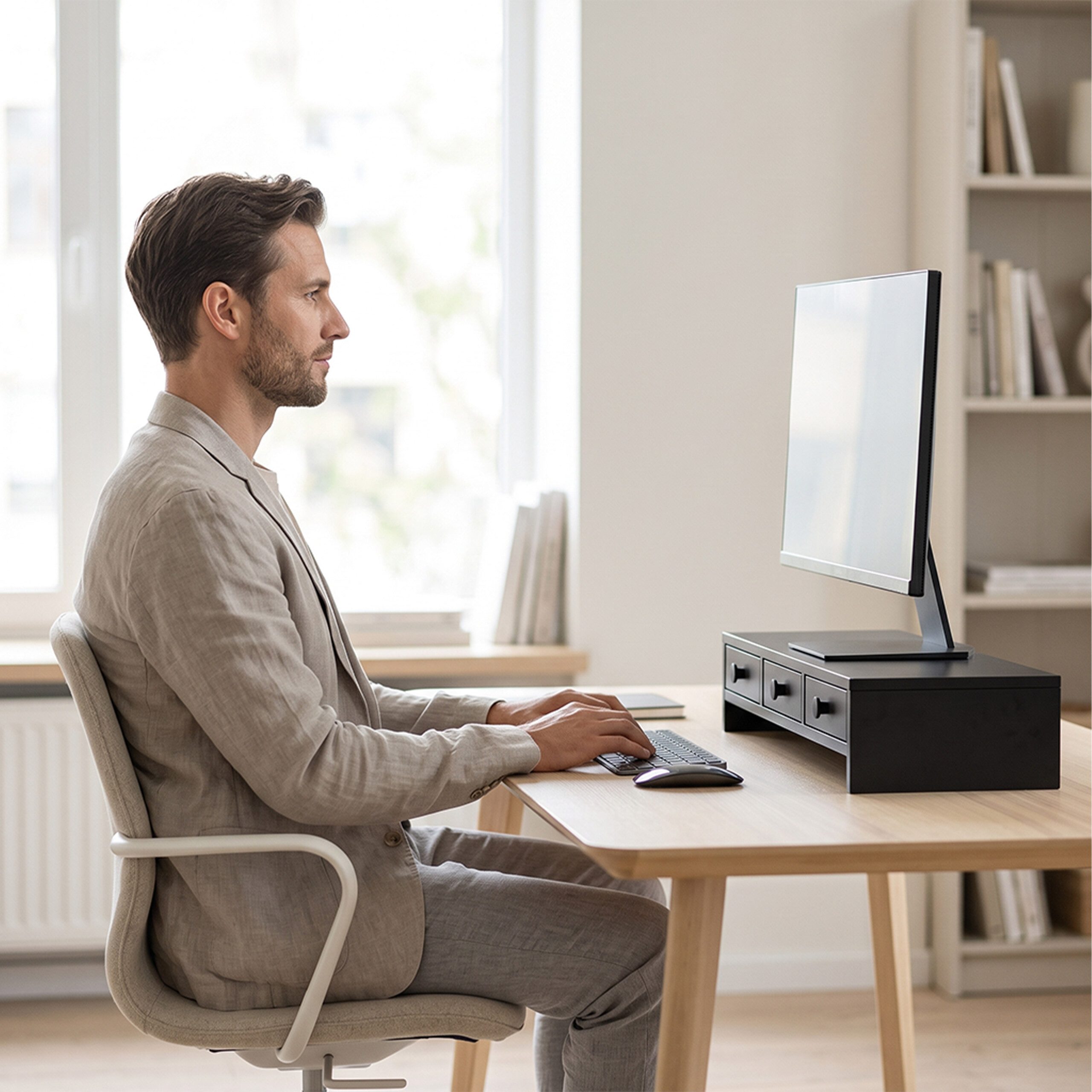 relaxdays Monitorständer mit 3 Schubladen, (1-tlg., schwarz) – Bild 5 von 5