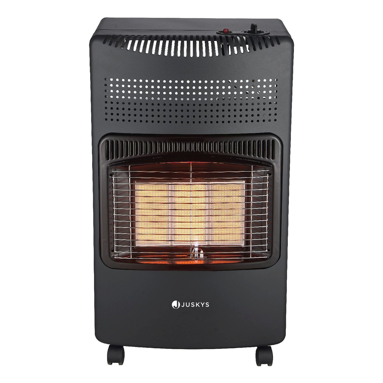 Juskys Heizstrahler GS42US in Schwarz mit 4,2 kW in 3 Stufen, Keramikplatten & Rollen, 4200 W, Gasheizung mit Kippschutz, Atmosphärenwächter, Druckregler & Schlauch