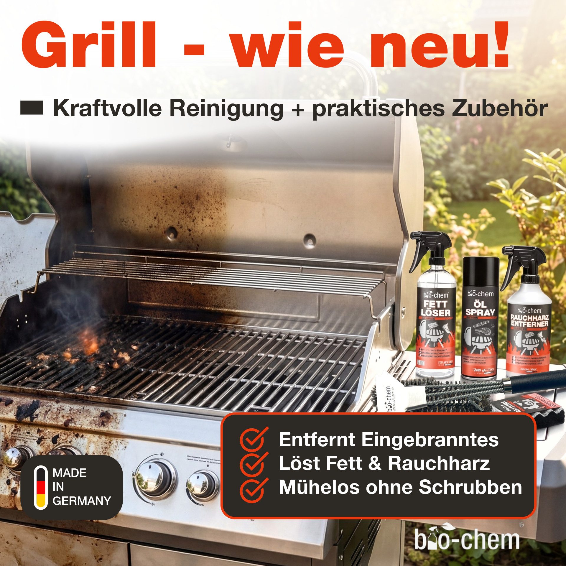 bio-chem Grill- & Backofen Reinigungsset – Reinigung + Pflege + Zubehör Grillreiniger (Sparpaket, [5-St. Grill- und Backofen PROFI-SET 5-teilig Praktisches Set: Grillreiniger, Fettlöser, Ölspray)