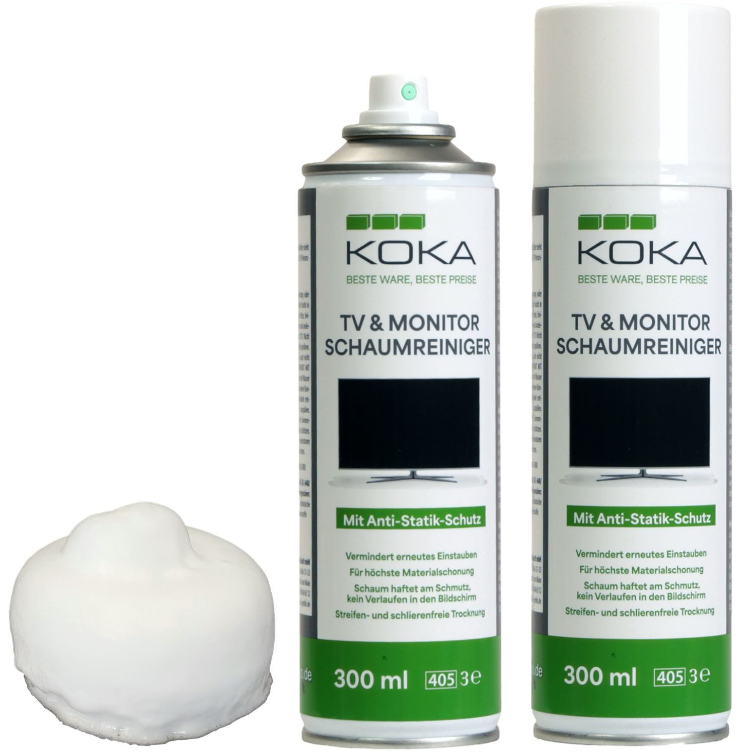 KOKA 2x TV Reinigungsschaum Spray 600ml Dose Reiniger Schaumreiniger (Set, [2-St. 2x Schaumreiniger 300ml Dose Reinigung Schaum TV OLED LCD LED TFT Fernseher PC Monitor Bildschirm)