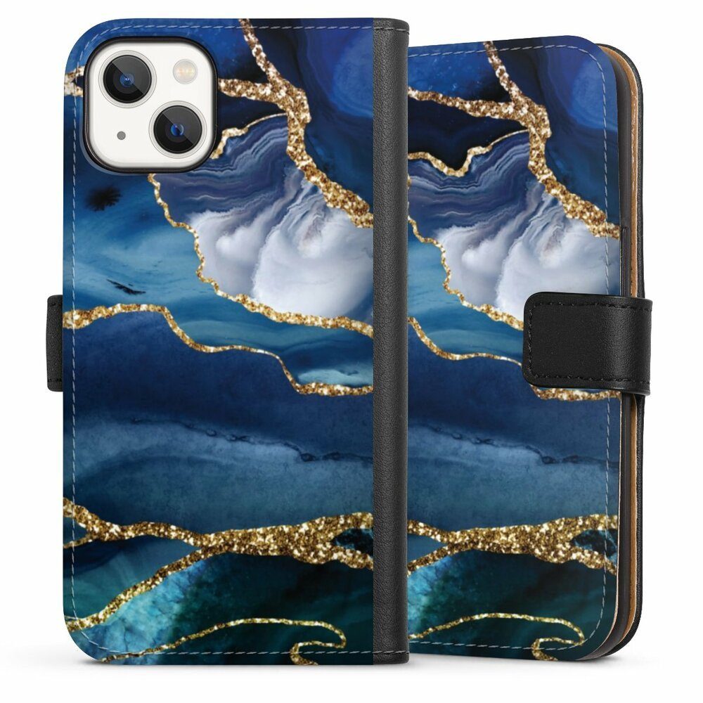 Handyhülle Blue Marble Gold Glitter Look, Hülle, Handy Flip Case, Wallet Cover, Handytasche Leder Marmor Blau Gold & Kupfer