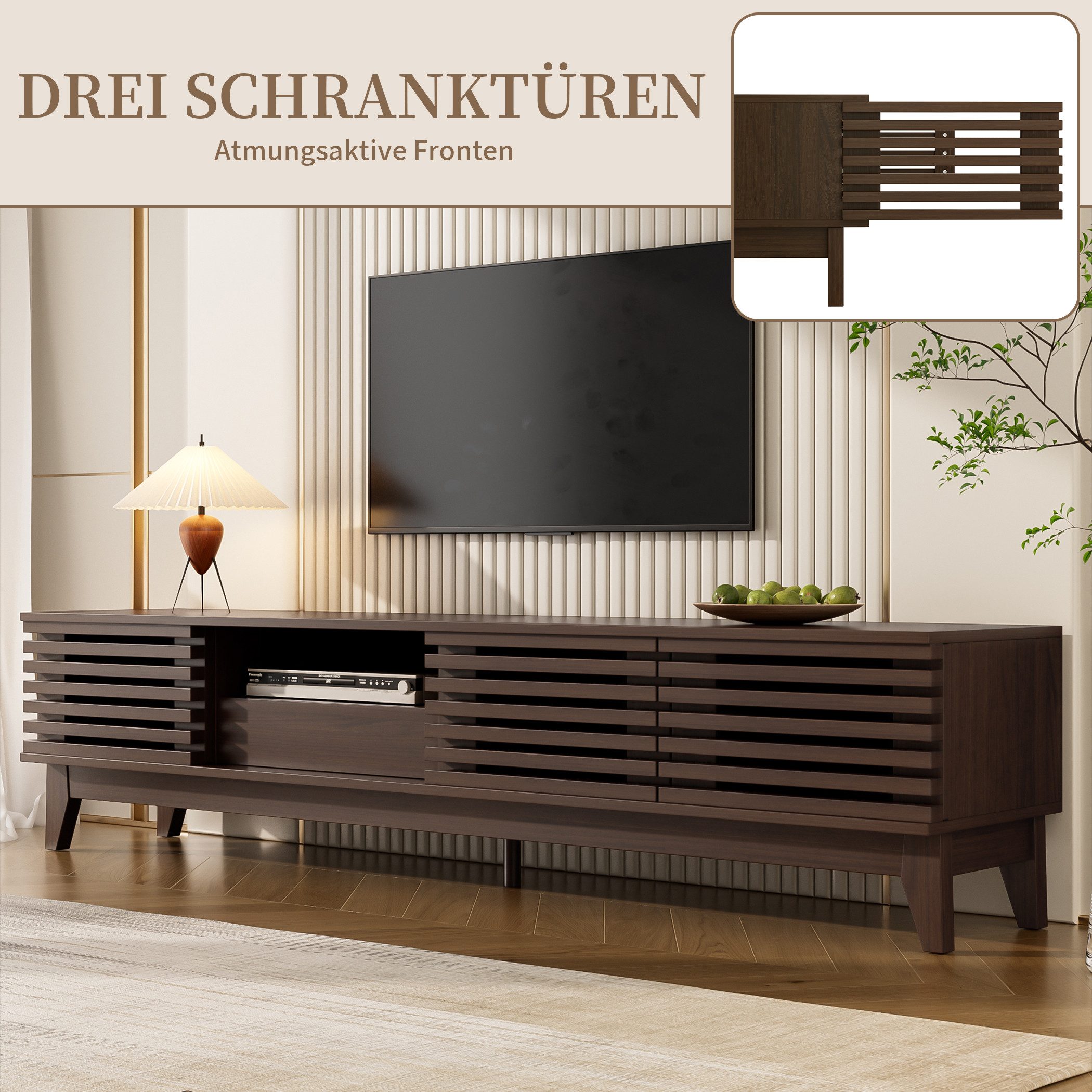 SeedWave Lowboard TV-Schrank im Retro-Design, mit 3 Luftigen Türen, Viel Stauraum, Fernsehschrank mit 5 Stützfüßen, Kabeldurchführung