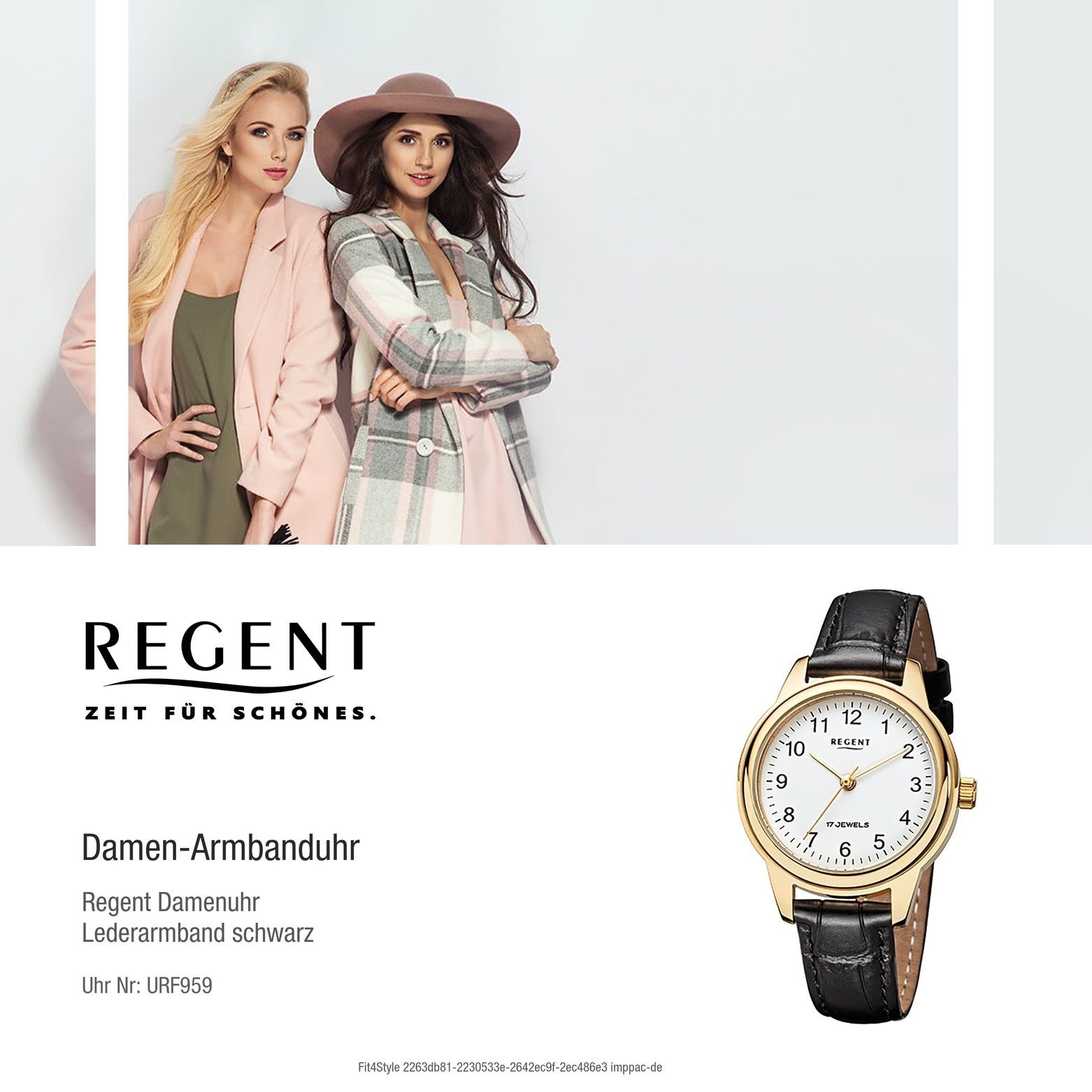 Regent Quarzuhr Regent Armbanduhr Damen-Armbanduhr schwarz (ca. Analog, rund, 31mm), Damen Lederarmband mittel