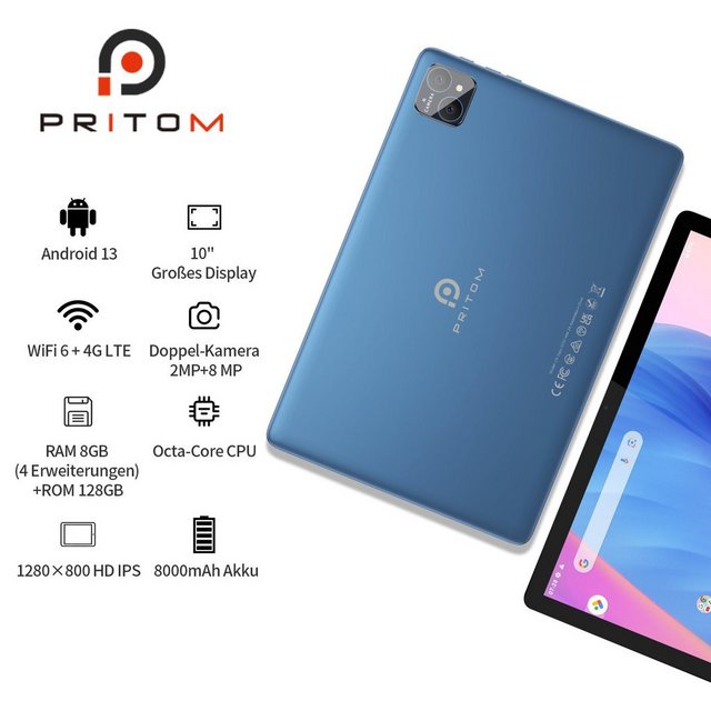 PRITOM IPS-LCD-Tablet, 8G RAM, 128G ROM, Tablet (10