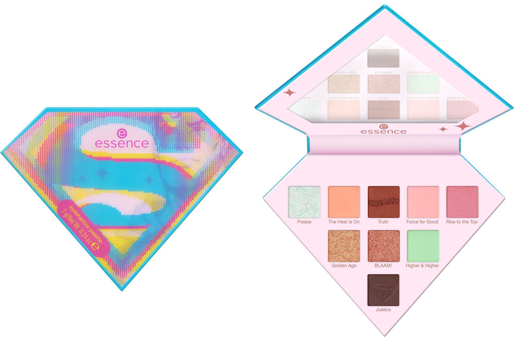 Essence Lidschatten-Palette Superman eyeshadow palette, Hochpigmentiert mit matten, schimmernden und metallischen Texturen.