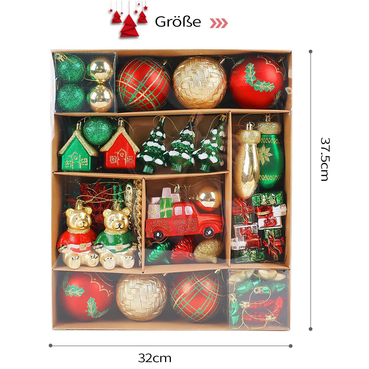 MAGICSHE Weihnachtsbaumkugel Ornamente-Set Kraftpapier Dekoobjekt Grün Rot Gold 70-tlg