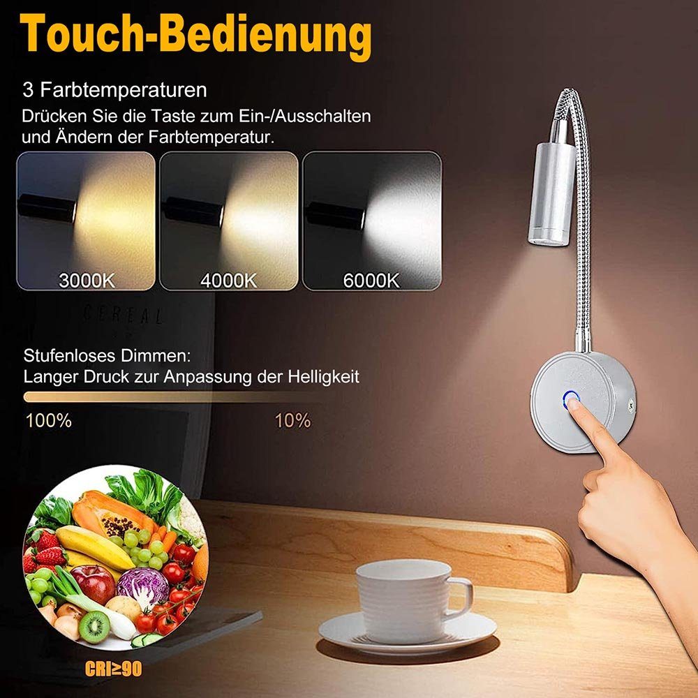 MUPOO LED Leselampe LED Nachtlicht,Wandlampe LED Leselicht mit Schalter & USB, 360°Gedreht, 3 Lichtfarben, Dimmbar, LED fest integriert, Dimmbar,Bettlampe,LED Leselampen,Schwenkbar,Schwarz&Silber