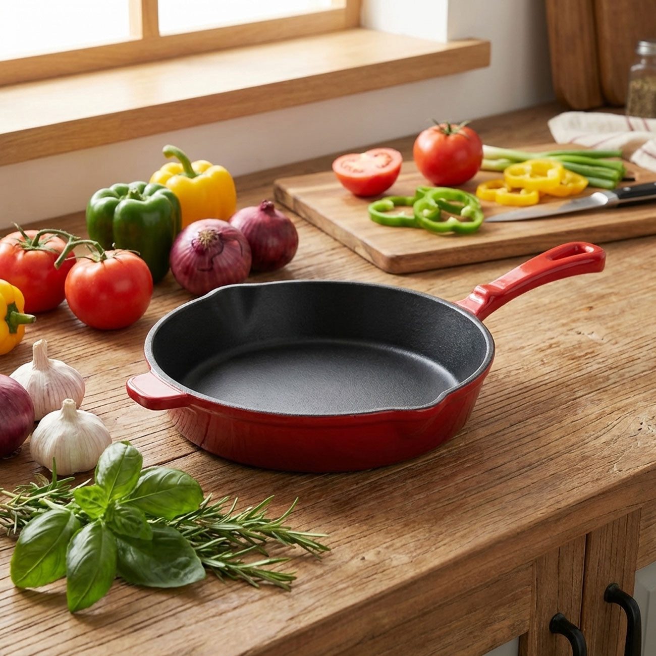Casativo Bratpfanne Gusseisen Pfanne Rot Ø 26cm Emailliert Bratpfanne für Induktion, Gusseisen, praktischer Ausgießer/(x H) - 26,3 x 5,2 cm/Griff&Gegengriff