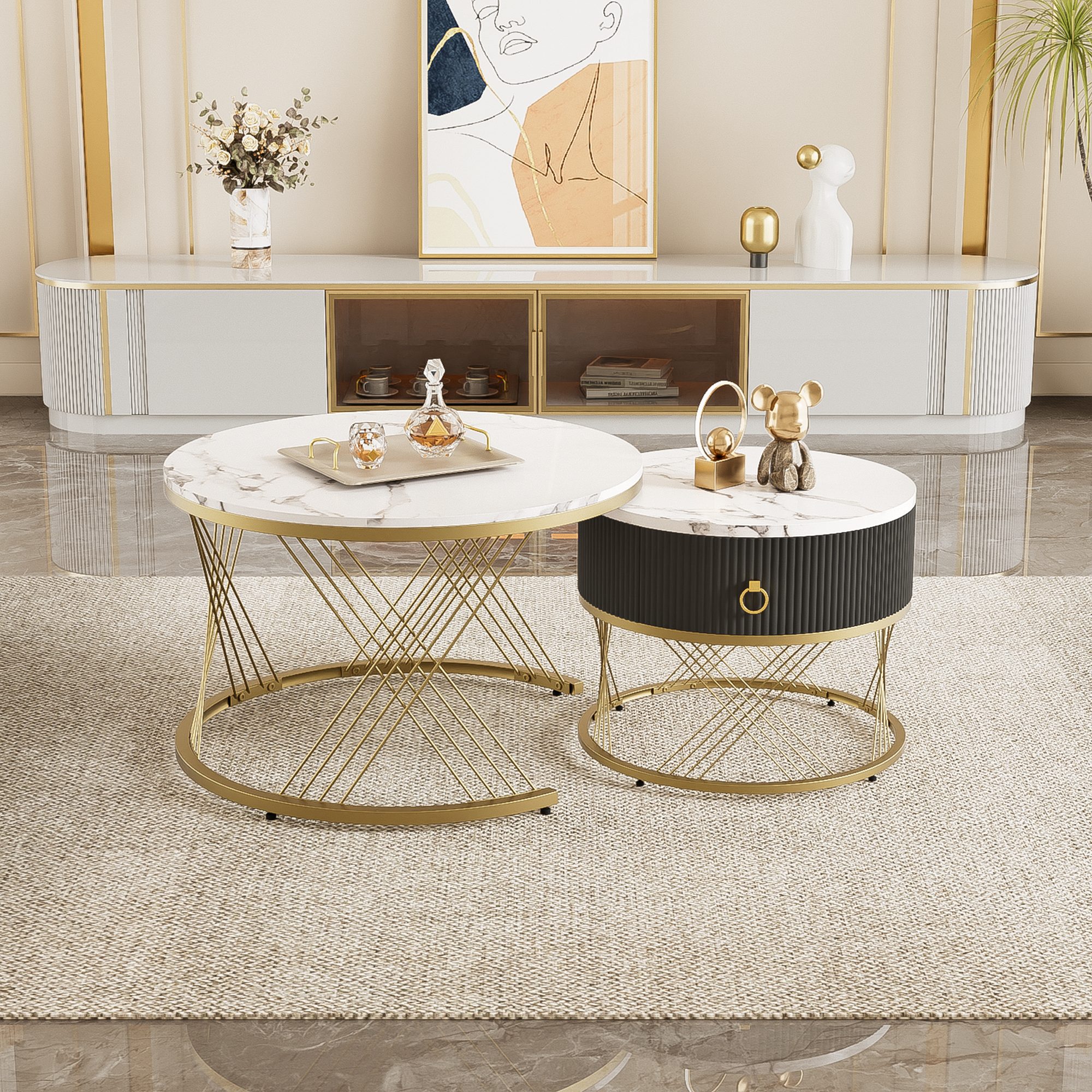 REDOM Couchtisch Modulares Couchtisch-Set, 2-teilig (2 in 1 Runder Couchtisch aus MDF, 2-St., praktische Schubladen), Marmoroptik mit Goldakzenten