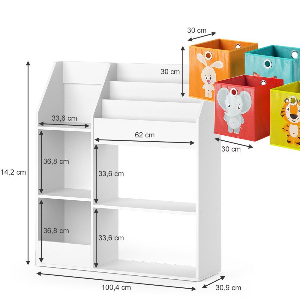 Vicco Bücherregal Luigi, Weiß, 100.4 x 114.2 cm mit 4 Faltboxen (bunt), 1-tlg.