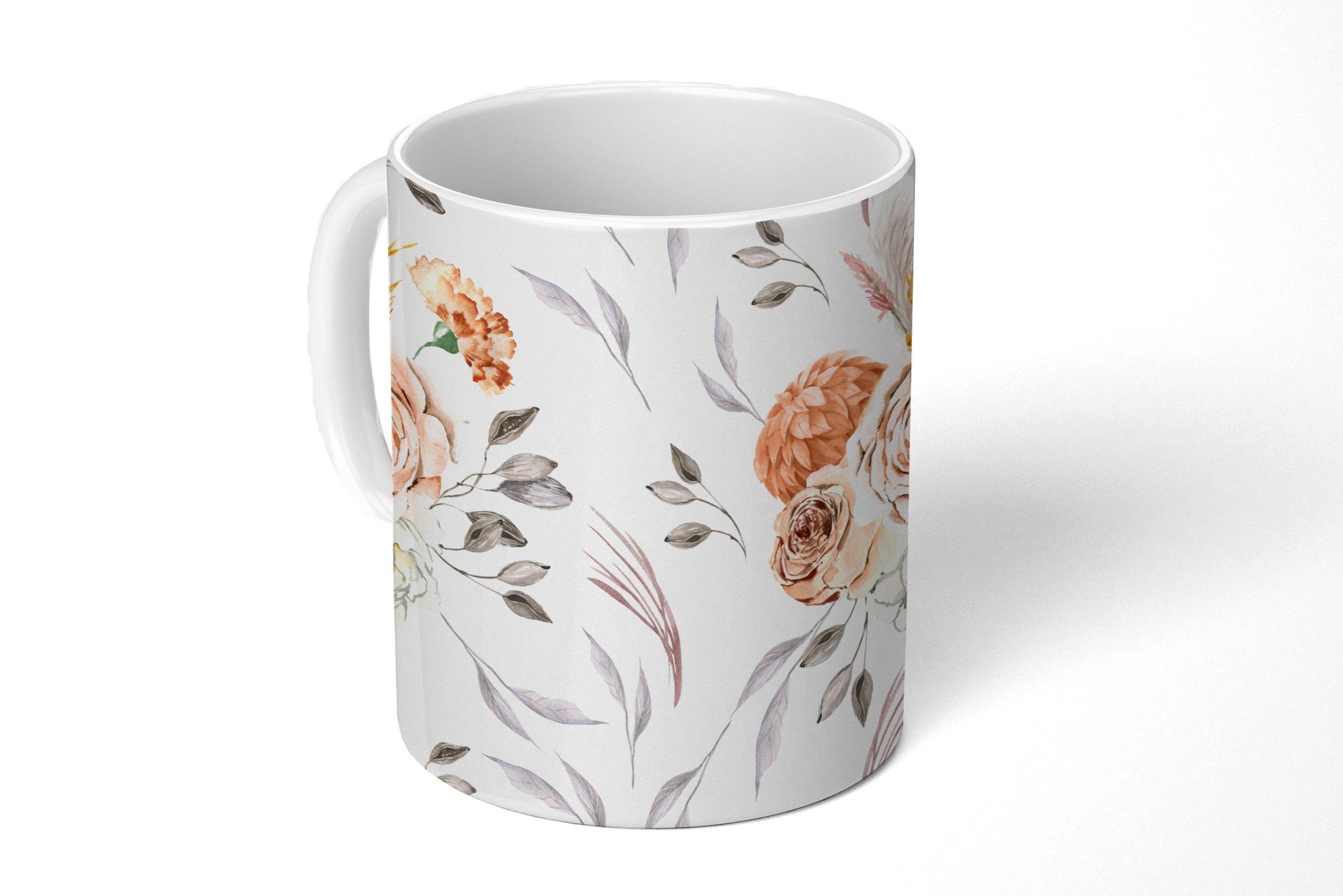 MuchoWow Tasse Muster - Blumen - Rose - Weiß, Keramik, Kaffeetassen, Teetasse, Becher, Teetasse, Geschenk