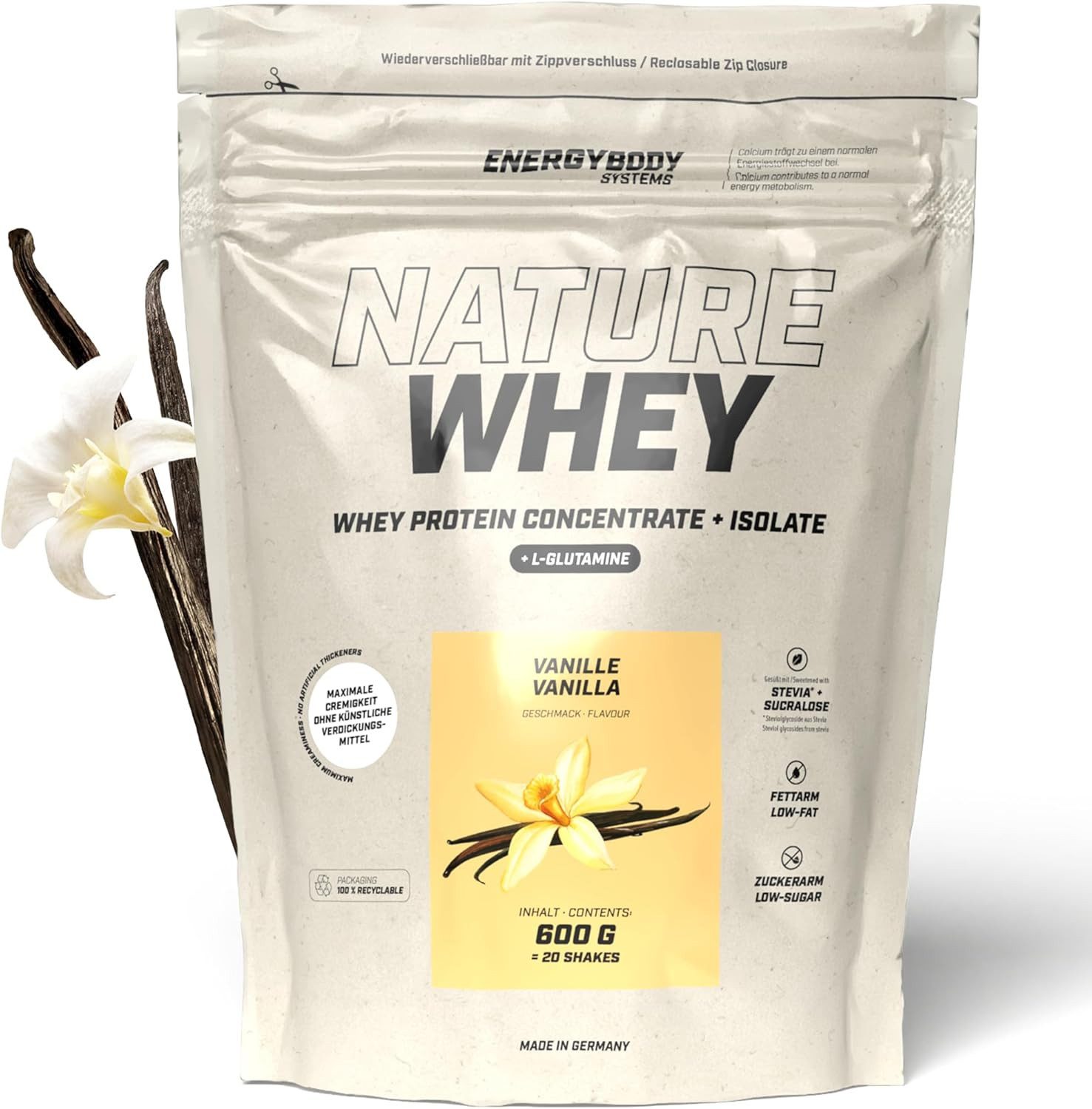 Energybody Systems Nature Whey Protein Eiweißpulver Pulver, Whey Isolate und Konzentrat ohne künstliche Verdickungsmittel.