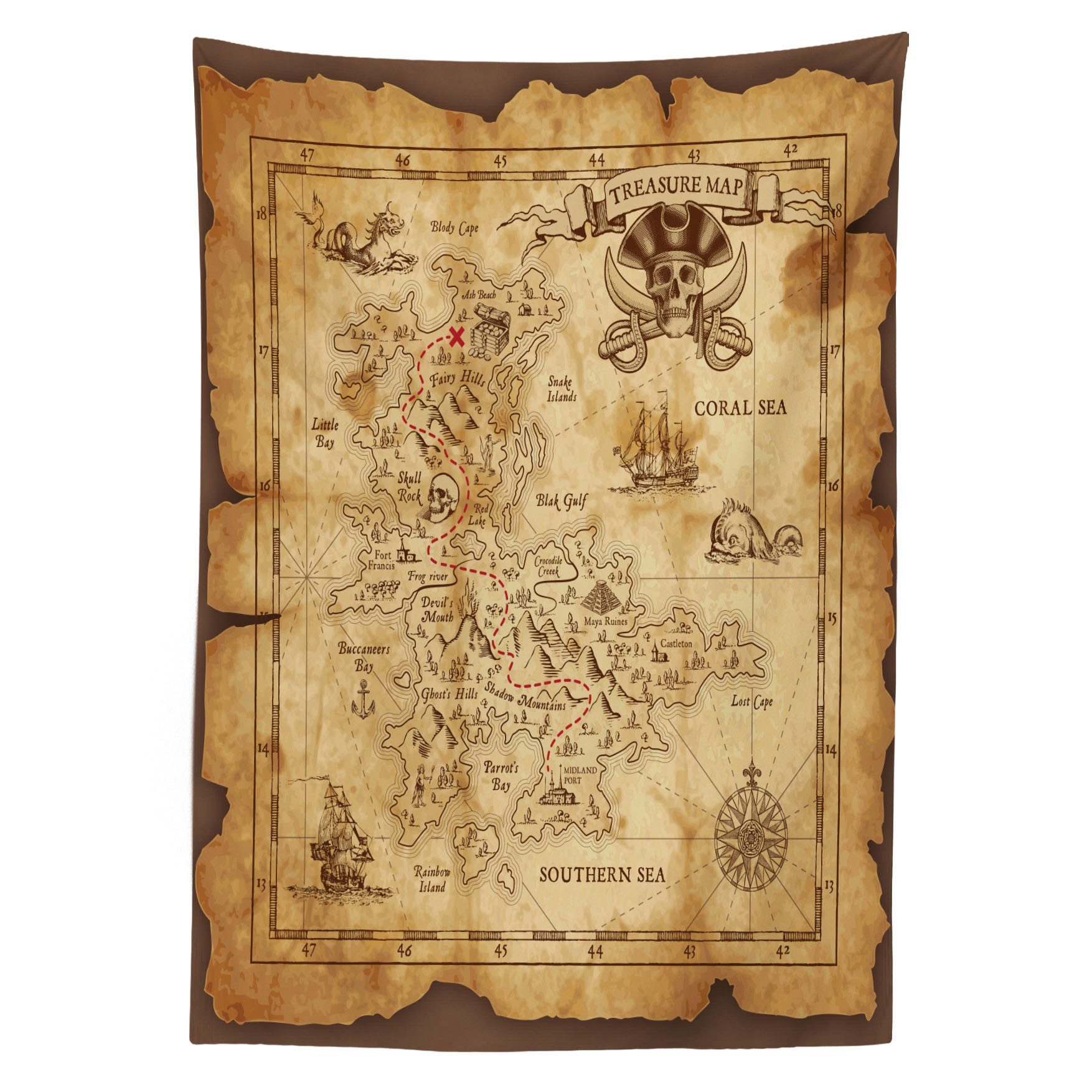 Abakuhaus Tischdecke Farbfest Waschbar Für den Außen Bereich geeignet Klare Farben, Insel Altes Papier Schatzkarte