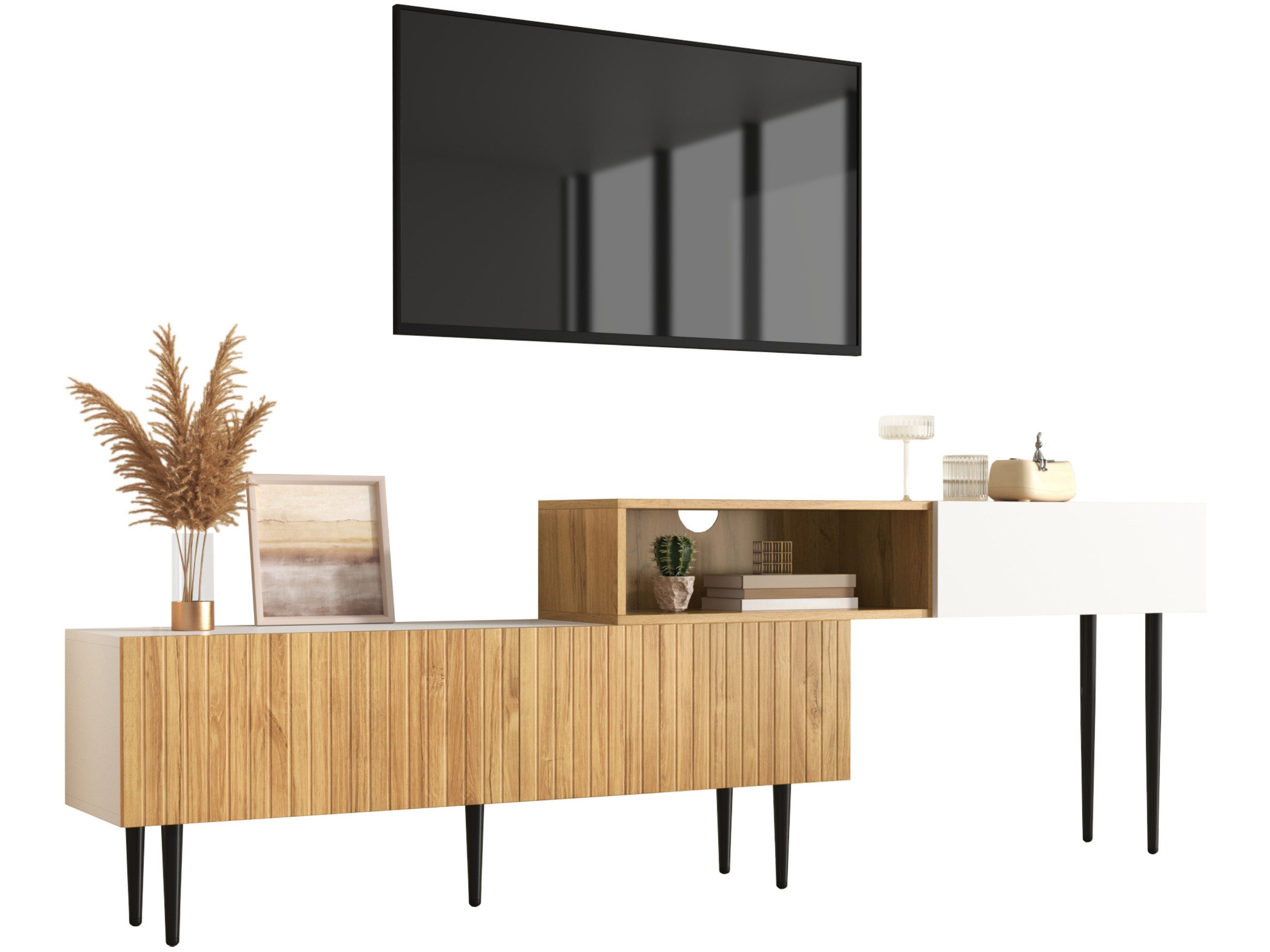 SeedWave Lowboard Ausziehbarer TV-Schrank 130-220cm in Kontrastfarbe mit Klapptüren, 2 Teiliger Fernsehtisch im Skandi-Stil, Kabeldurchführung, Eisenfüße