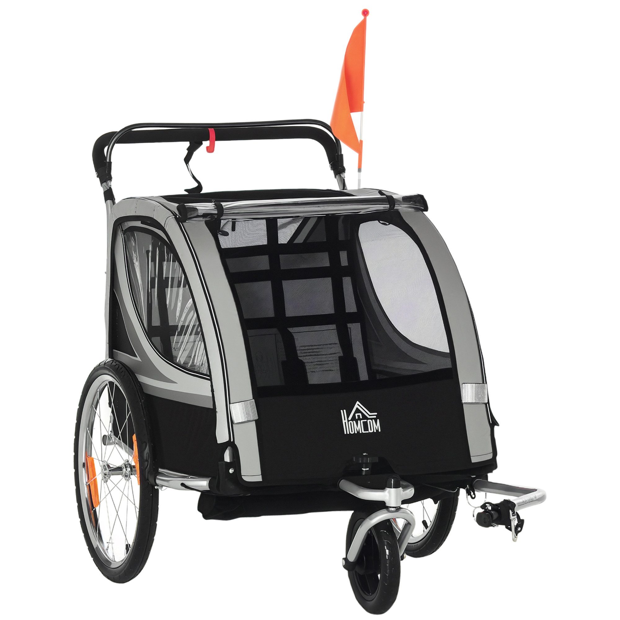 HOMCOM Fahrradkinderanhänger Kinderanhänger, Fahrradanhänger, für 2 Kinder, grau, für 2 Kinder ab 18 Monate, bis 26,4 kg belastbar, Grau