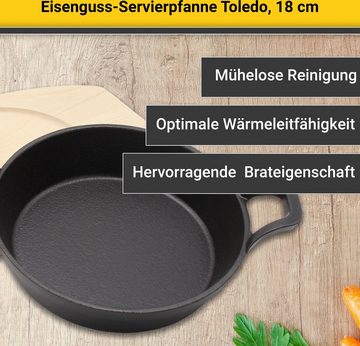 Krüger Servierpfanne Eisenguss Brat- und Servierpfanne mit Holzteller TOLEDO, 18 cm, Gusseisen (1-tlg), für Induktions-Kochfelder geeignet