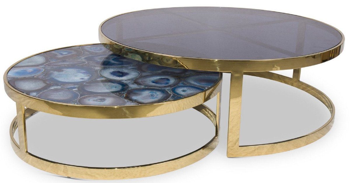 Casa Padrino Couchtisch Luxus Couchtisch Luxus Wohnzimmertische 2 Runde - / - Qualität mit Edelstein Glasplatte Achat Set und - Gold Möbel Luxus Blau