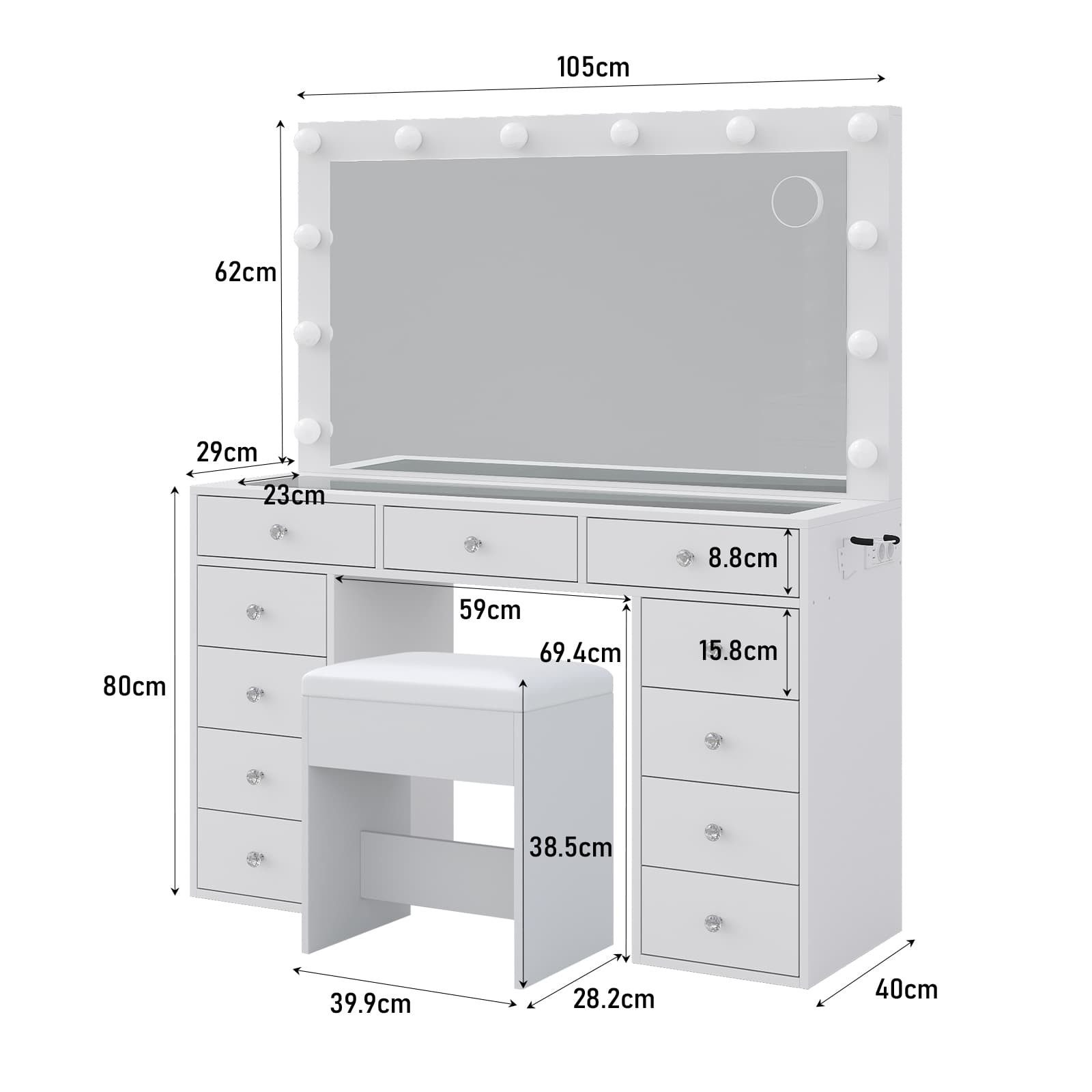 Yanosaku Schminktisch mit Spiegel & LED-Beleuchtung, 11 Schubladen & 12 dimmbaren LEDs (1-St., mit Hocker), Ideal für Make-up & Kosmetikablage, 105x40x142cm