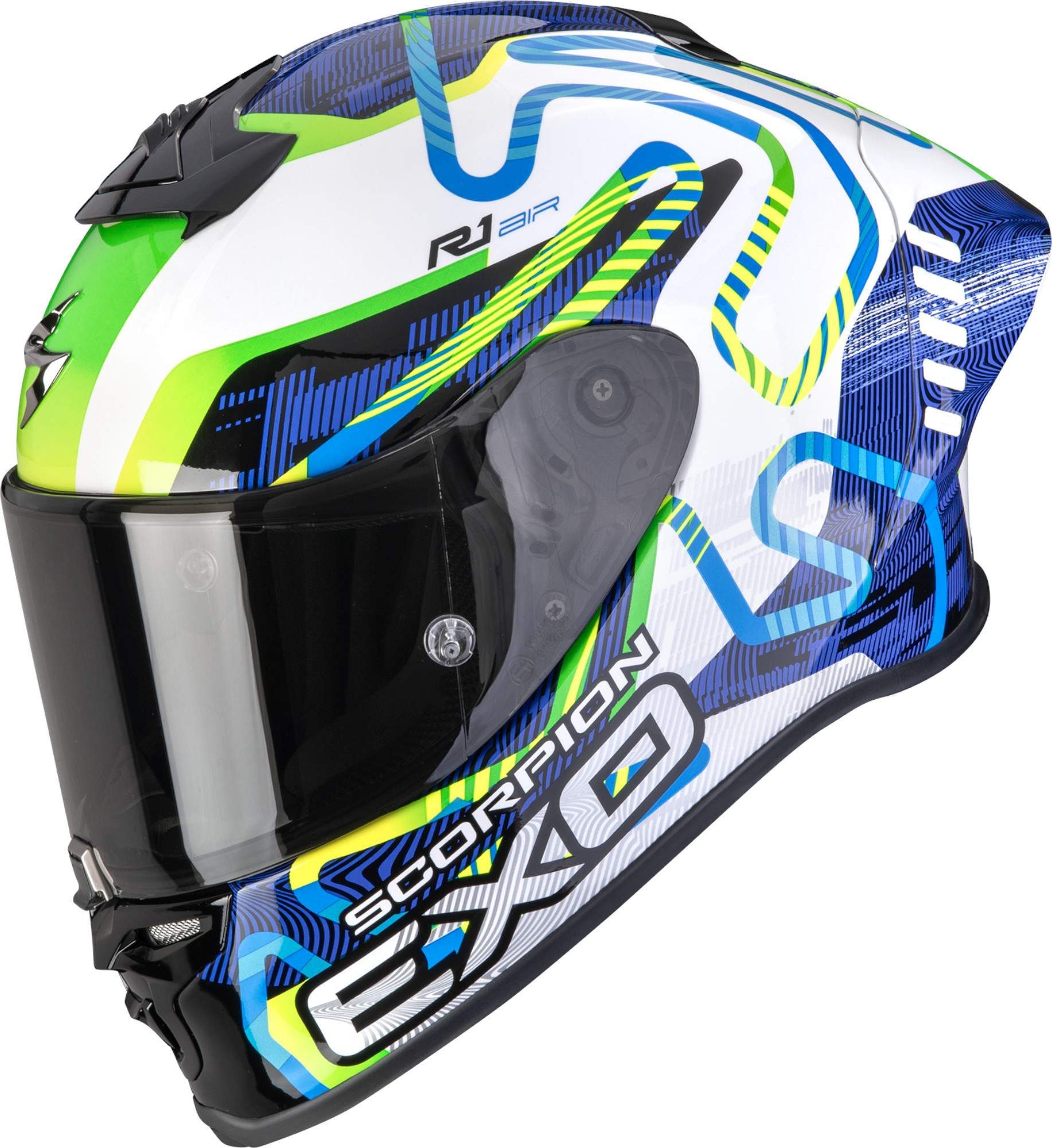 Scorpion Exo Motorradhelm EXO-R1 Evo II Air Cornering Helm, Notfallsystem-Polsterung (EQRS),geeignet für Brillenträger,Pinloc