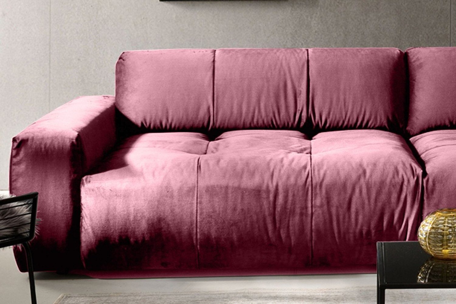 Big KAWOLA rosa versch. Velvet mit Sitztiefenverstellung Sofa 3-Sitzer Farben PALACE,
