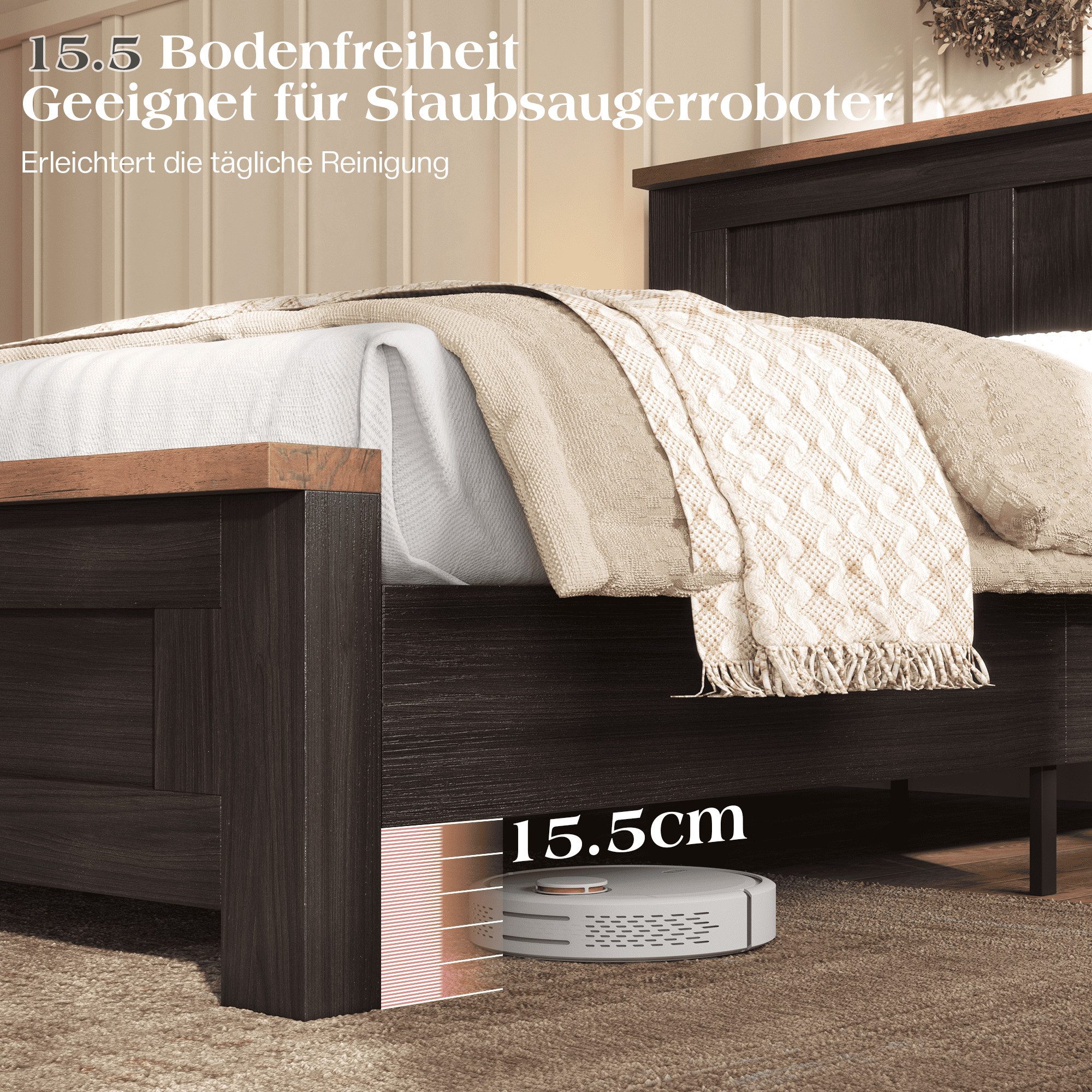 AMERLIFE Holzbett Paneelkopfteil, Lattenrost (1-tlg), Geräuschfrei, 140x200cm, Schwarz – Bild 5 von 5