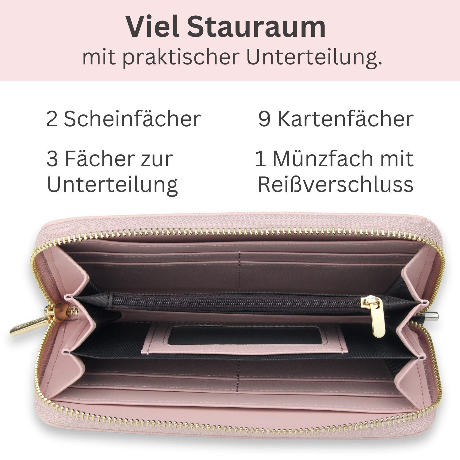 Frentree Geldbörse Damen Portemonnaie mit Rundum-Reißverschluss, 9 Karten, Handyfach, mit 3 große Fächer und RFID-Schutz,inkl. Geschenkbox