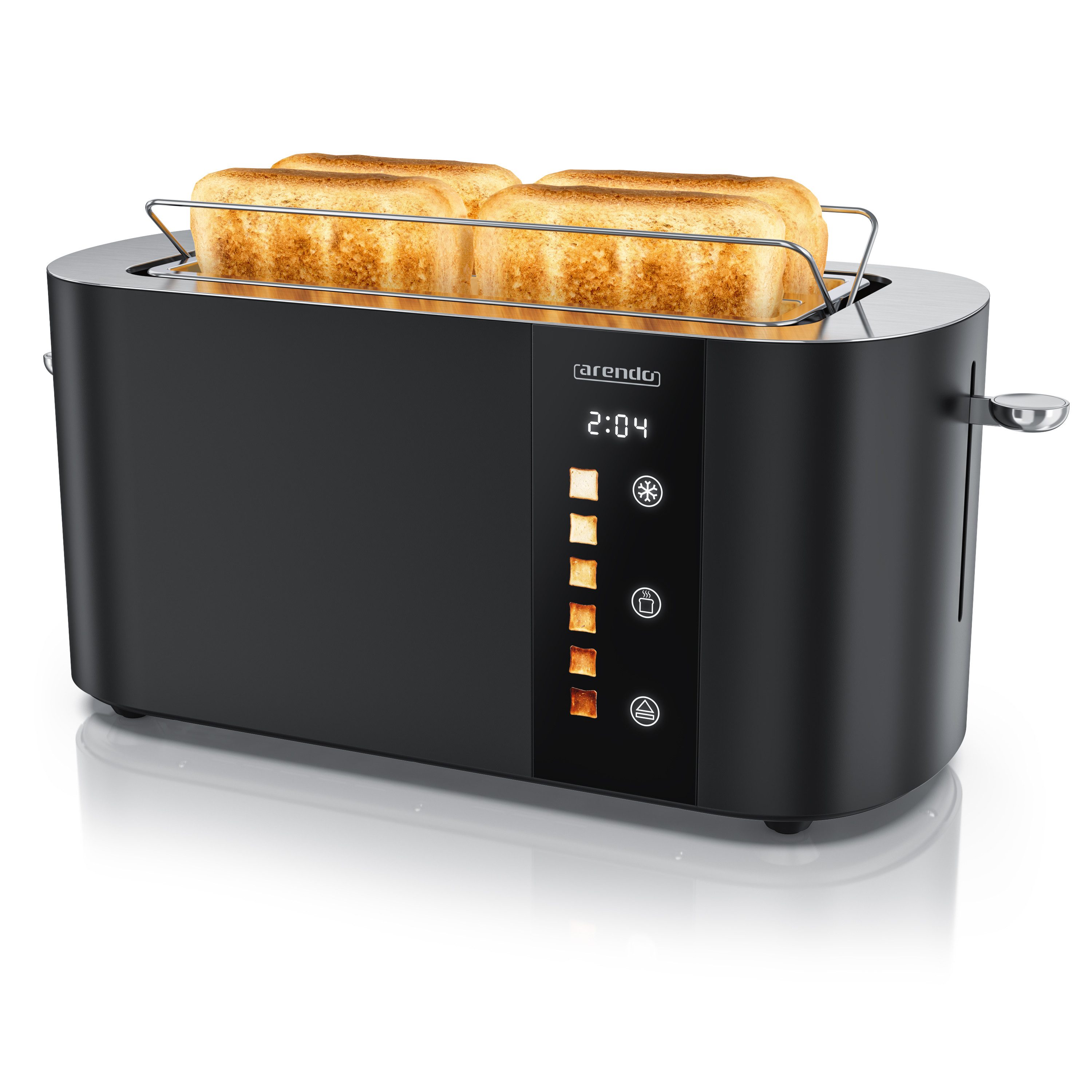 Arendo Toaster Edelstahl 4-Scheiben Langschlitz, Touch, Restzeit Bräunungsgradanzeige, 2 lange Schlitze, für 4 Scheiben, 1500 W, Brötchenaufsatz, Wärmeisoliert, Toast-Symbole für Bräunungsgradauswahl