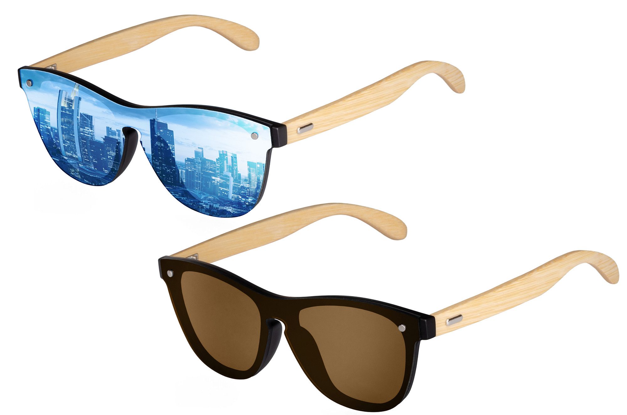 UrbanSky Sonnenbrille Shield Sonnenbrillen Doppelpack „Greg“ (2er-Pack, Sonnenbrillen-Set mit Einstecketui) verspiegelt - Bambusbügel & UV400