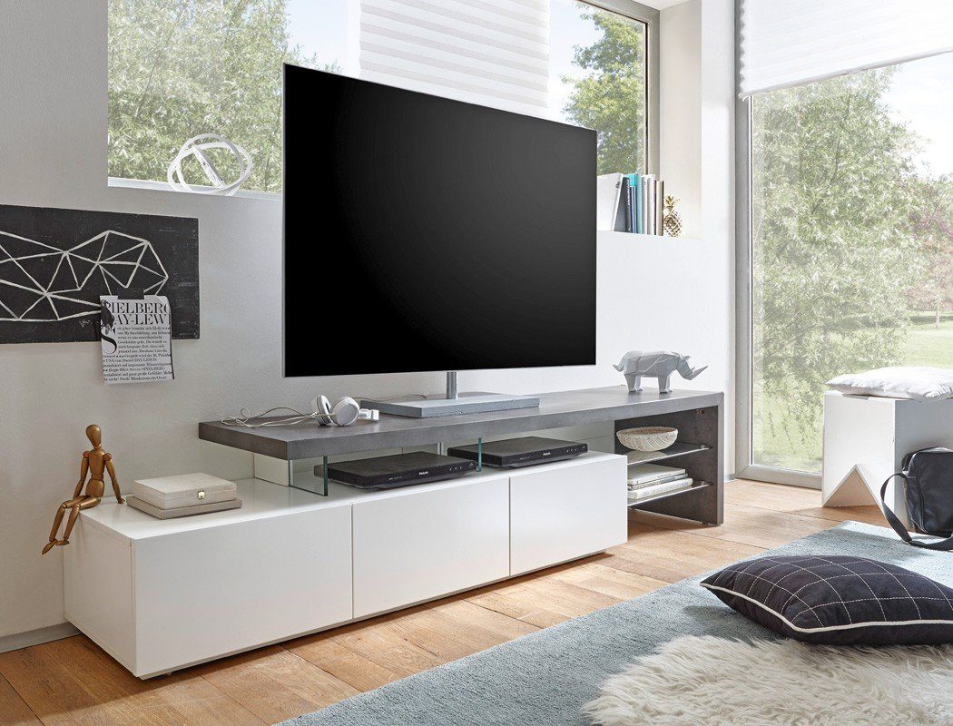 expendio TV-Board Alessa II, matt weiß / Beton 204x40x44 cm MDF mit  Klarglasböden