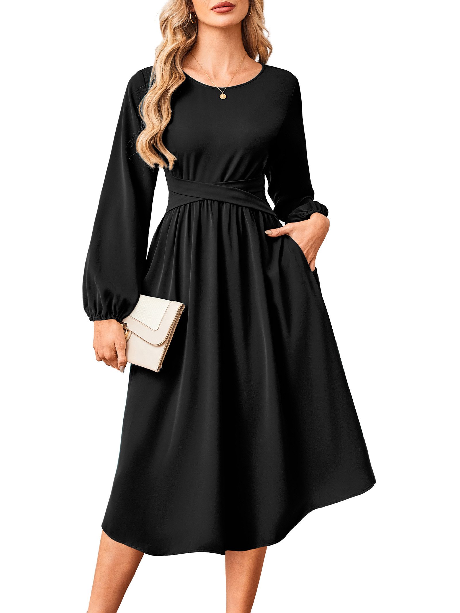 Beluring Midikleid Damen Midikleid 100% Polyester Langarm Taillenkleid für günstig online kaufen
