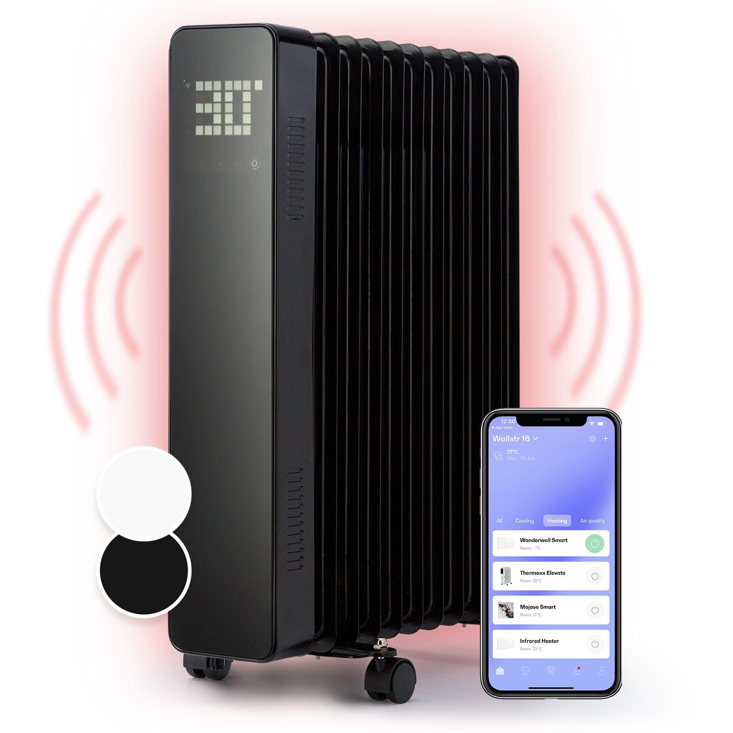Klarstein Heizstrahler Sanford 2500W, Ölradiator Heater Heizung LED Timer Smart App 2500W Schwarz