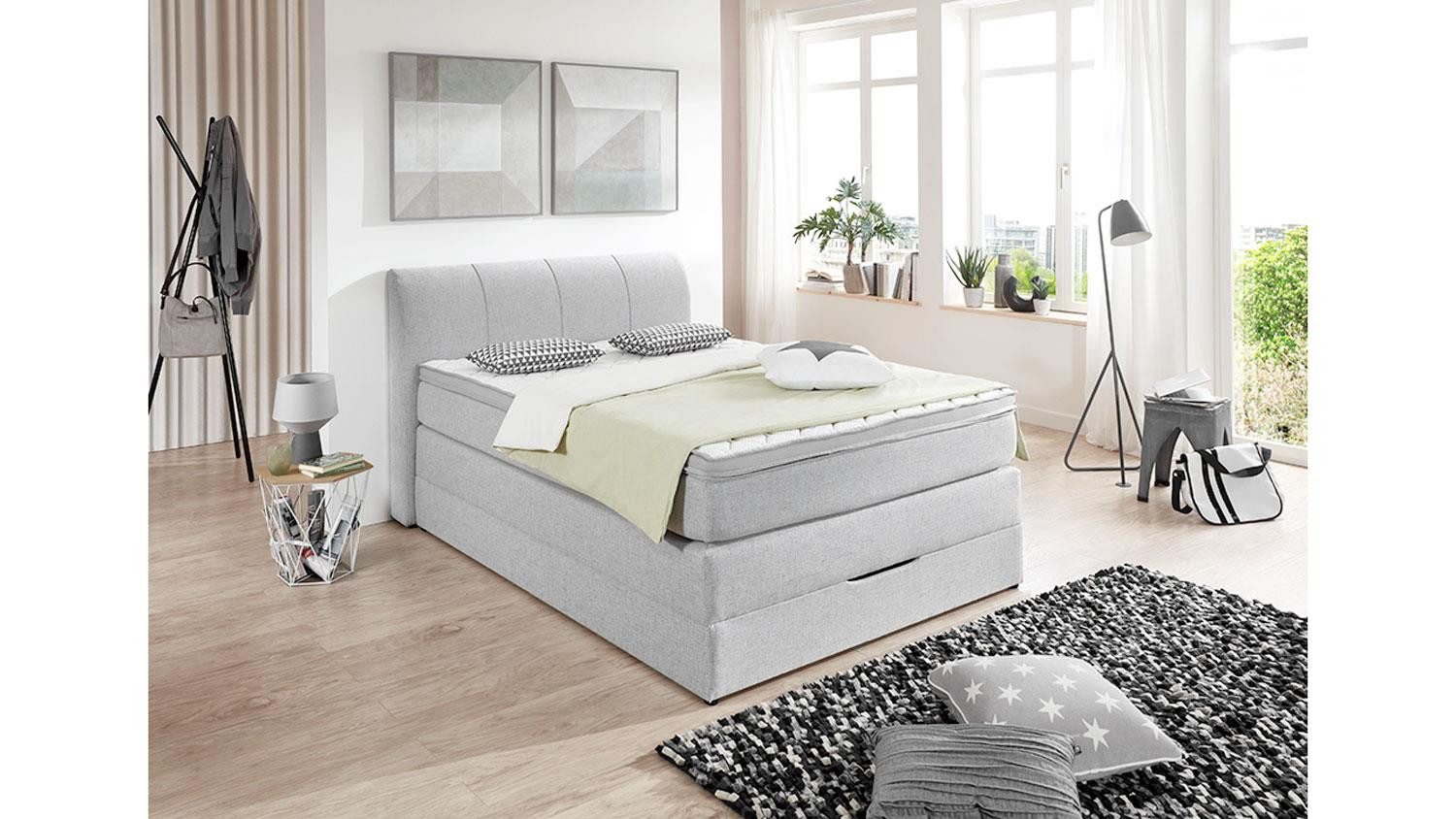 Sun Garden Boxspringbett Boxspringbett Modesto Stoff silber Topper 140x200 cm