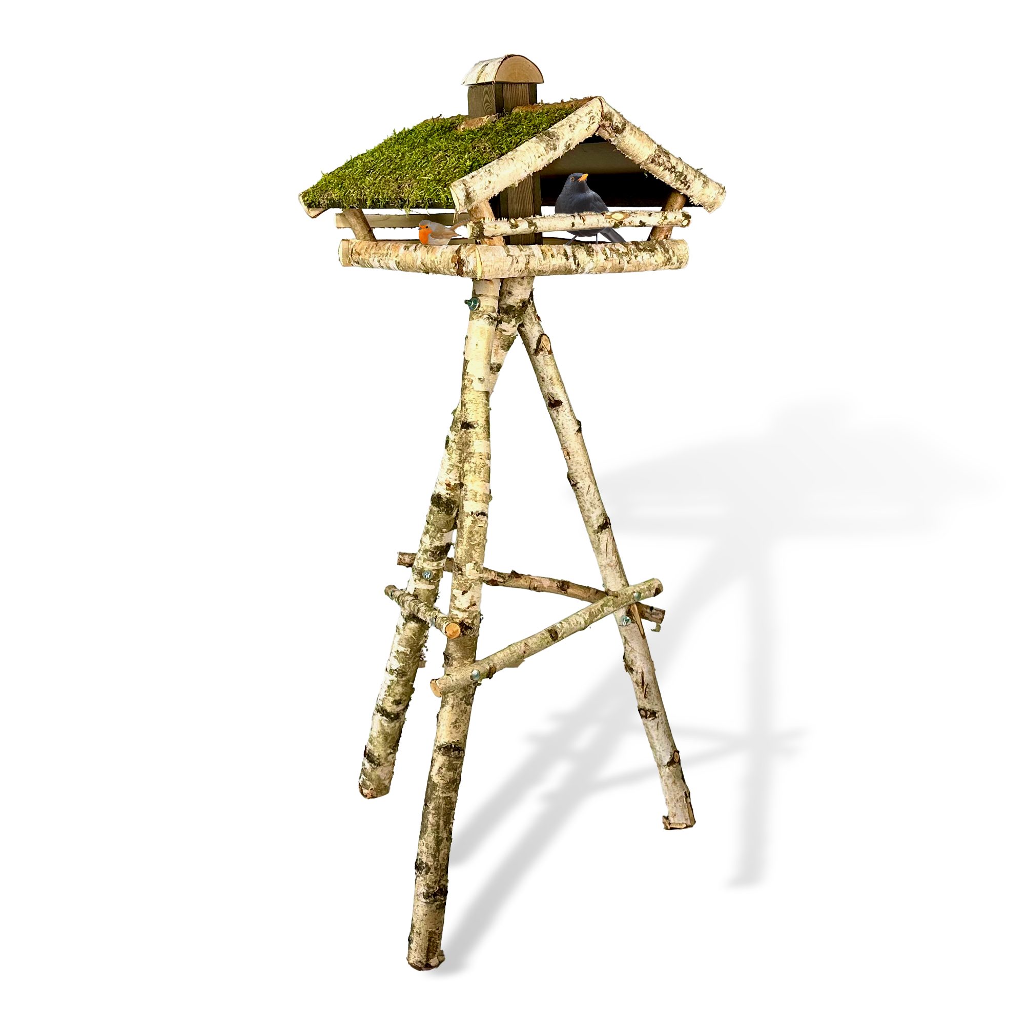 gartenetage Vogelhaus Birkenfutterstelle mit Moosdach inkl. Ständer, liebevolle Handarbeit, Wetterfest