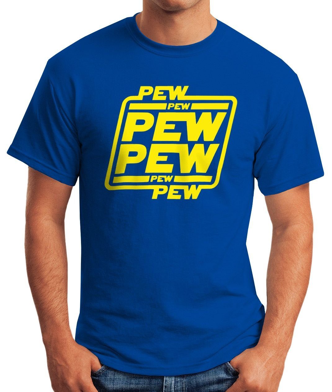 MoonWorks Print-Shirt Herren T-Shirt Print mit Pew Pew blau Fun-Shirt Moonworks® Pew