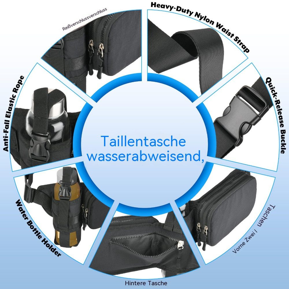 Blusmart Bauchtasche Wasserdichte Gürteltasche (Sportliche Hüfttasche,Mit Flaschenhalter, Verstellbare Gürteltasche mit mehreren Fächern), Für Outdoor-Aktivitäten wie Laufen, Wandern, Camping, Reisen