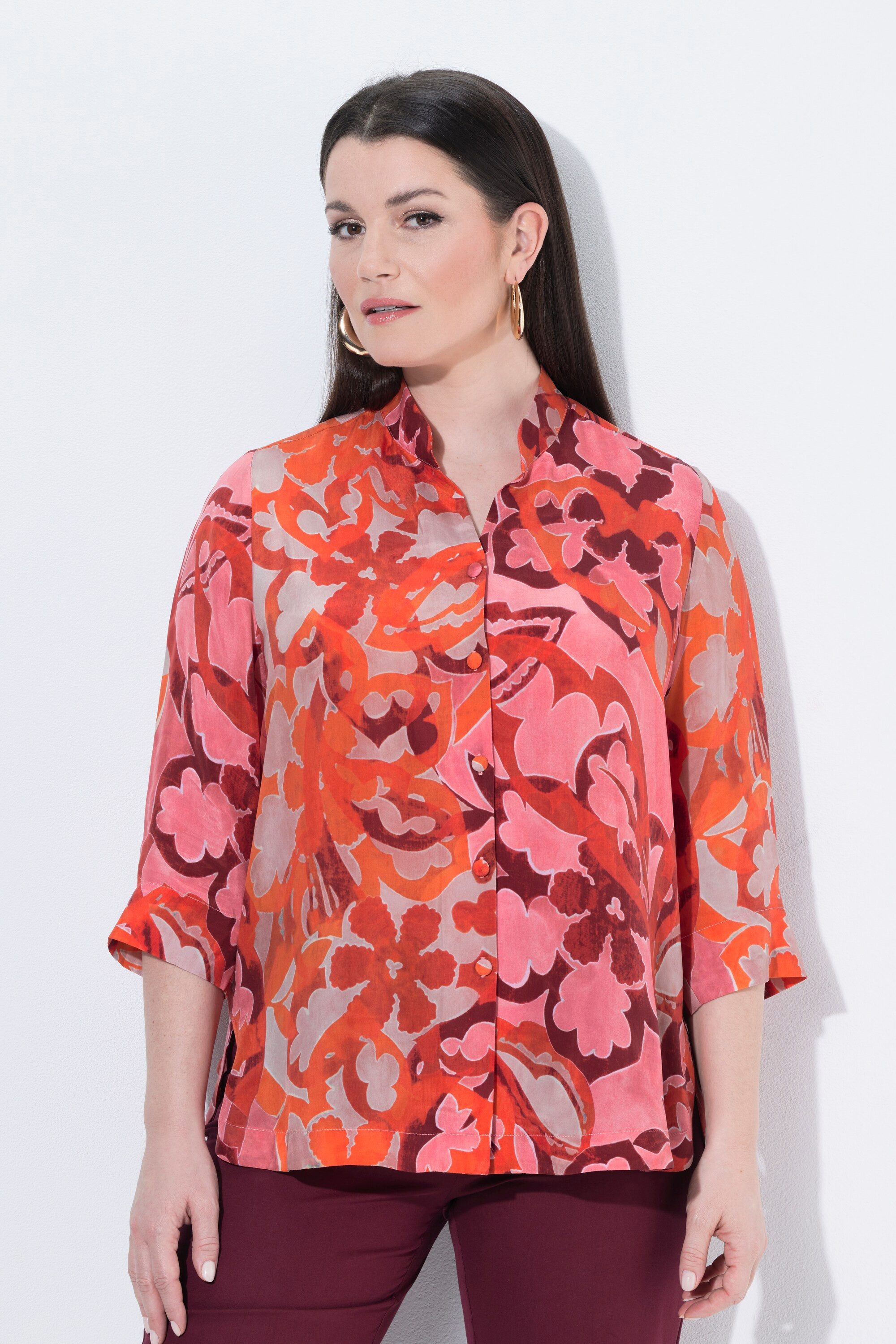 Ulla Popken Longbluse Cupro-Bluse bedruckt Stehkragen 3/4-Arm