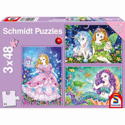 Schmidt Spiele Puzzle Prinzessin Fee & Meerjungfrau 3 x 48 Teile, Puzzleteile